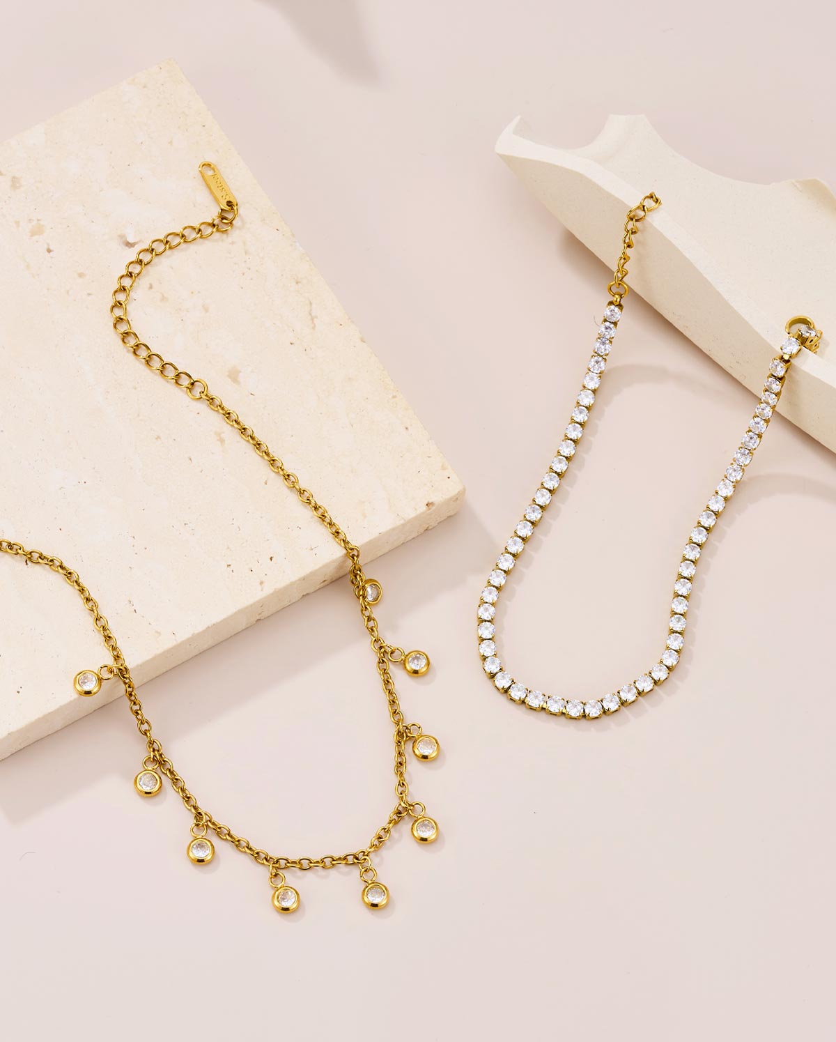 2PCS 18K Gold Plated CZ Dangle Layered Anklet Set