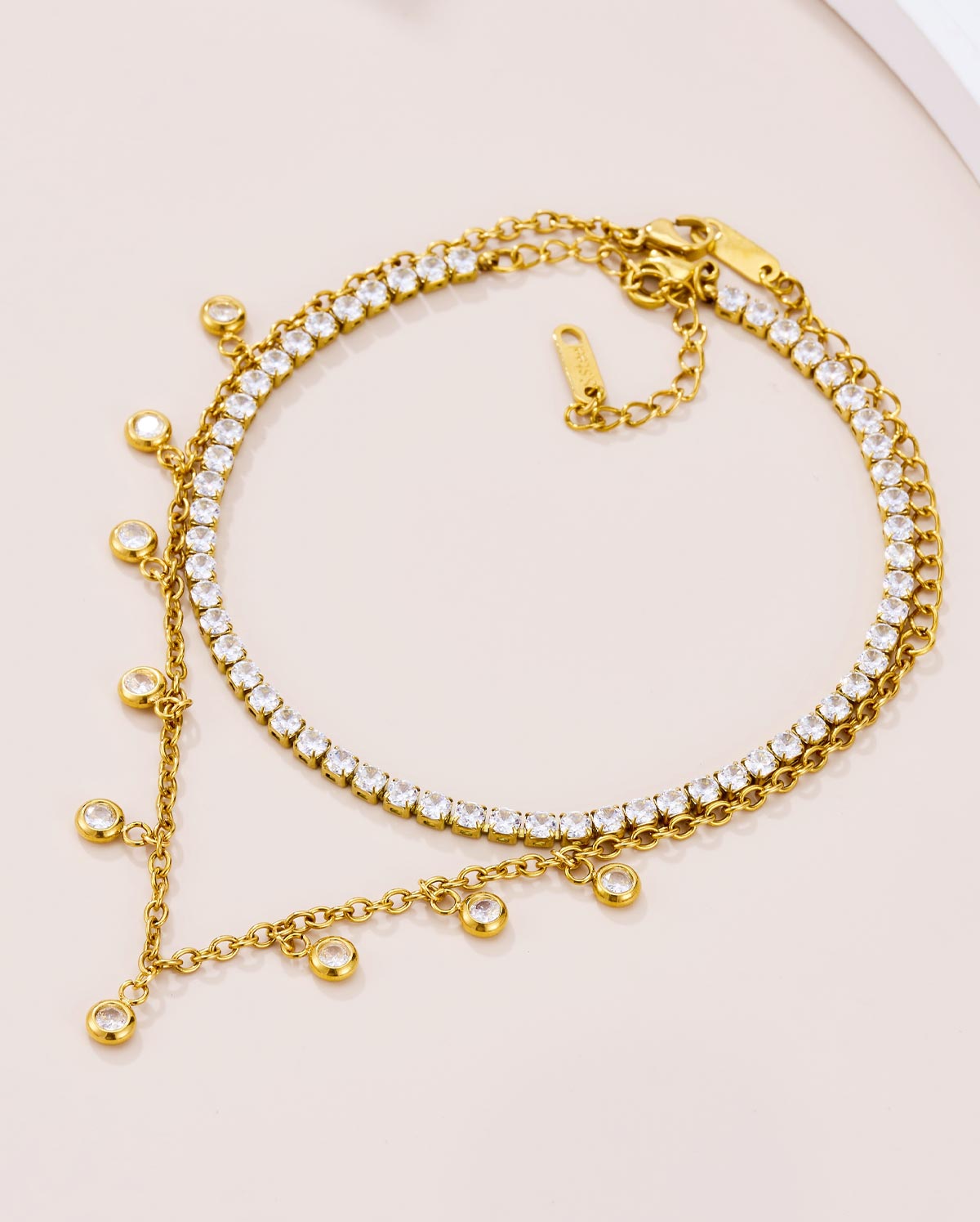 2PCS 18K Gold Plated CZ Dangle Layered Anklet Set