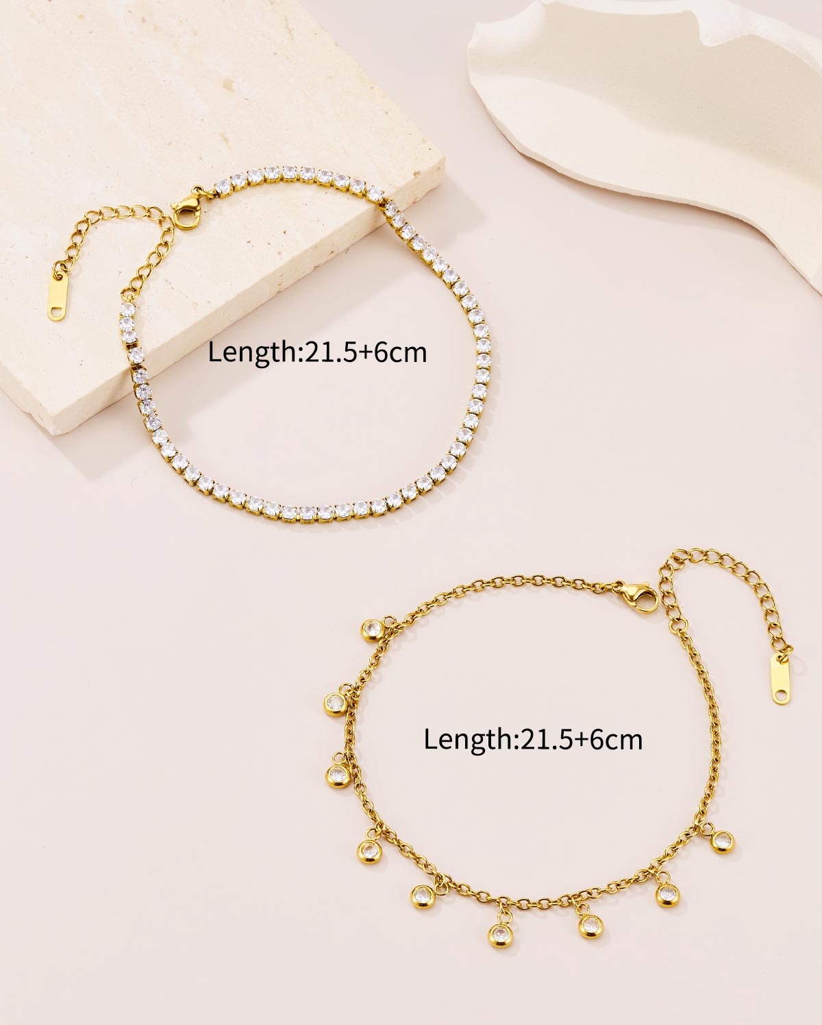 2PCS 18K Gold Plated CZ Dangle Layered Anklet Set