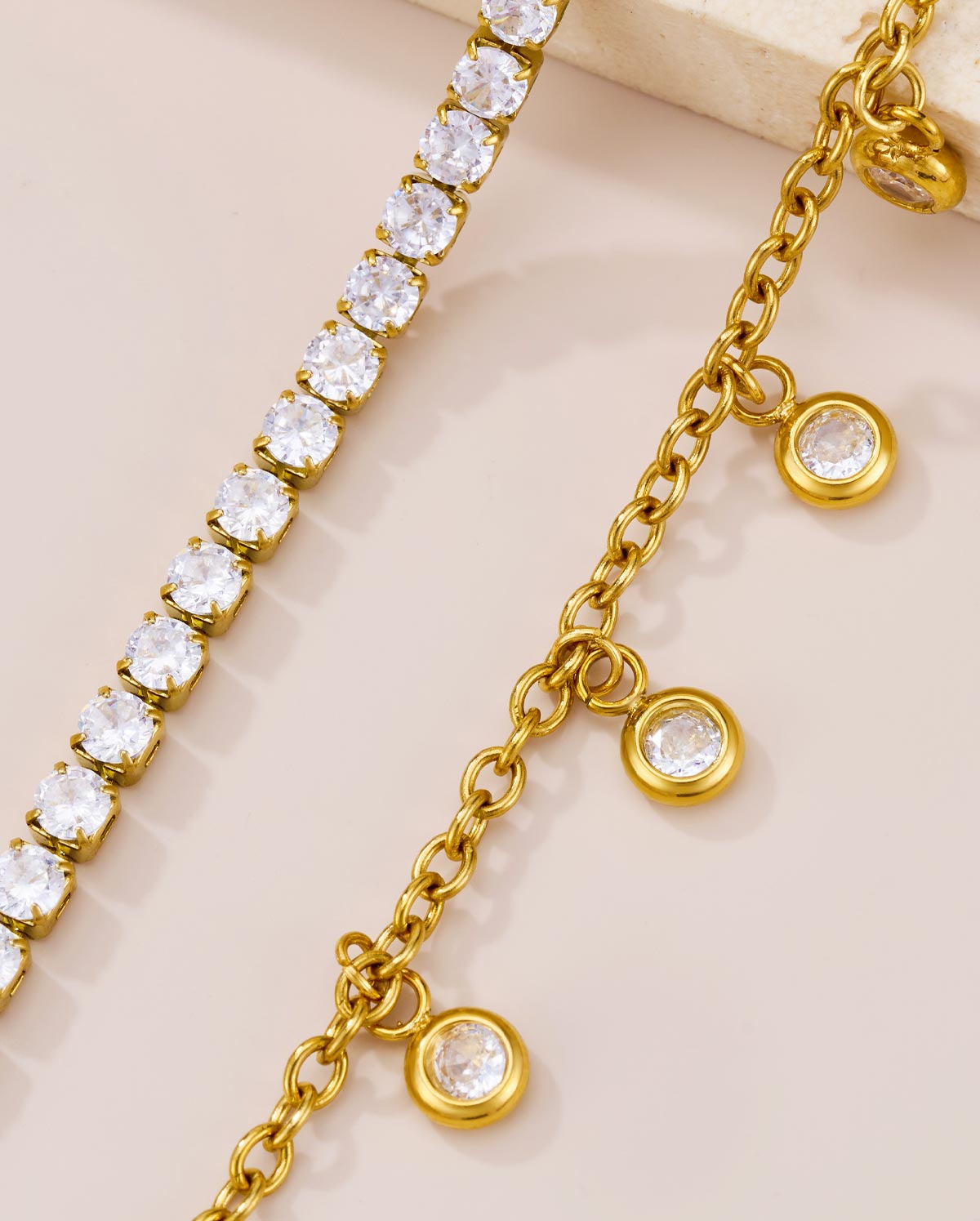 2PCS 18K Gold Plated CZ Dangle Layered Anklet Set