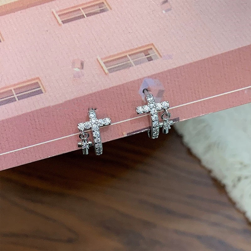 2PCS CZ Cross Drop Hoop Earrings