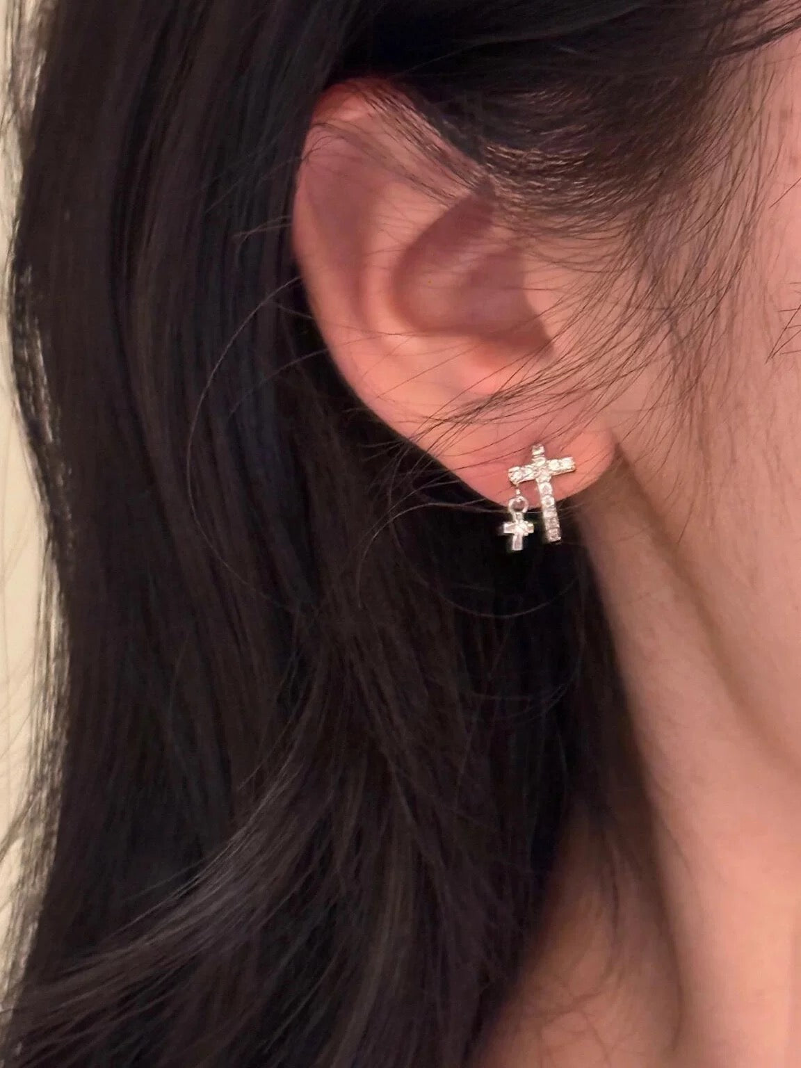 CZ Cross Drop Hoop Earrings