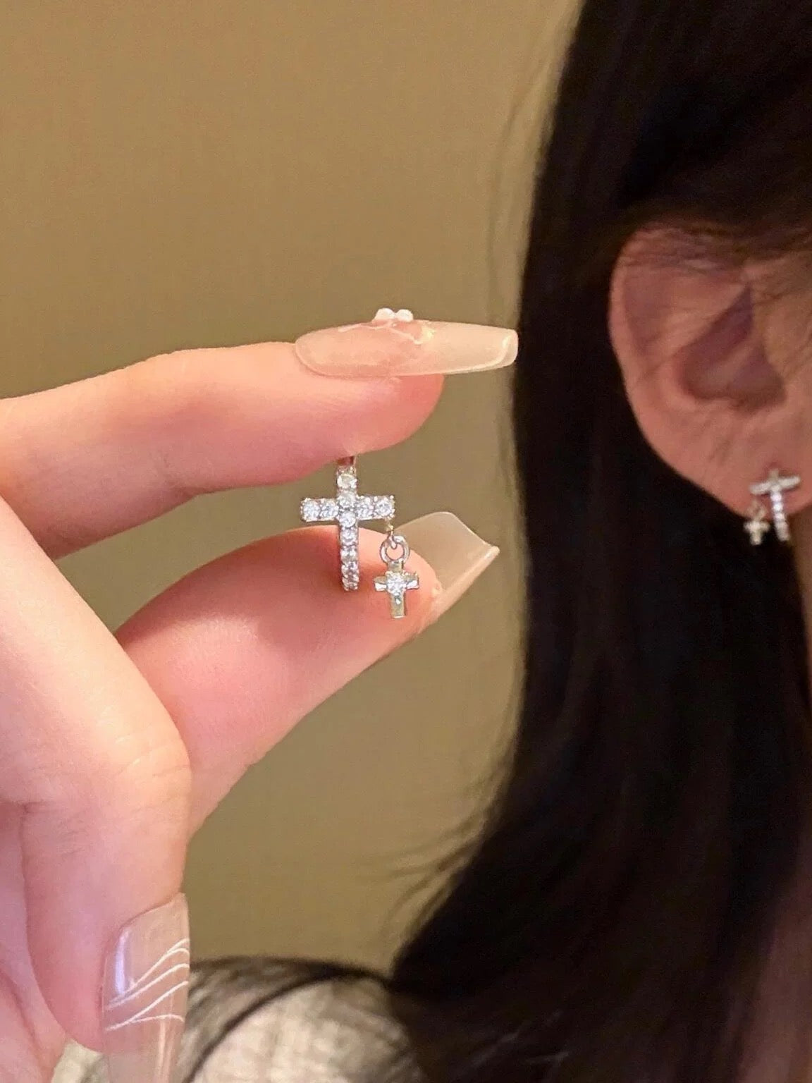 CZ Cross Drop Hoop Earrings