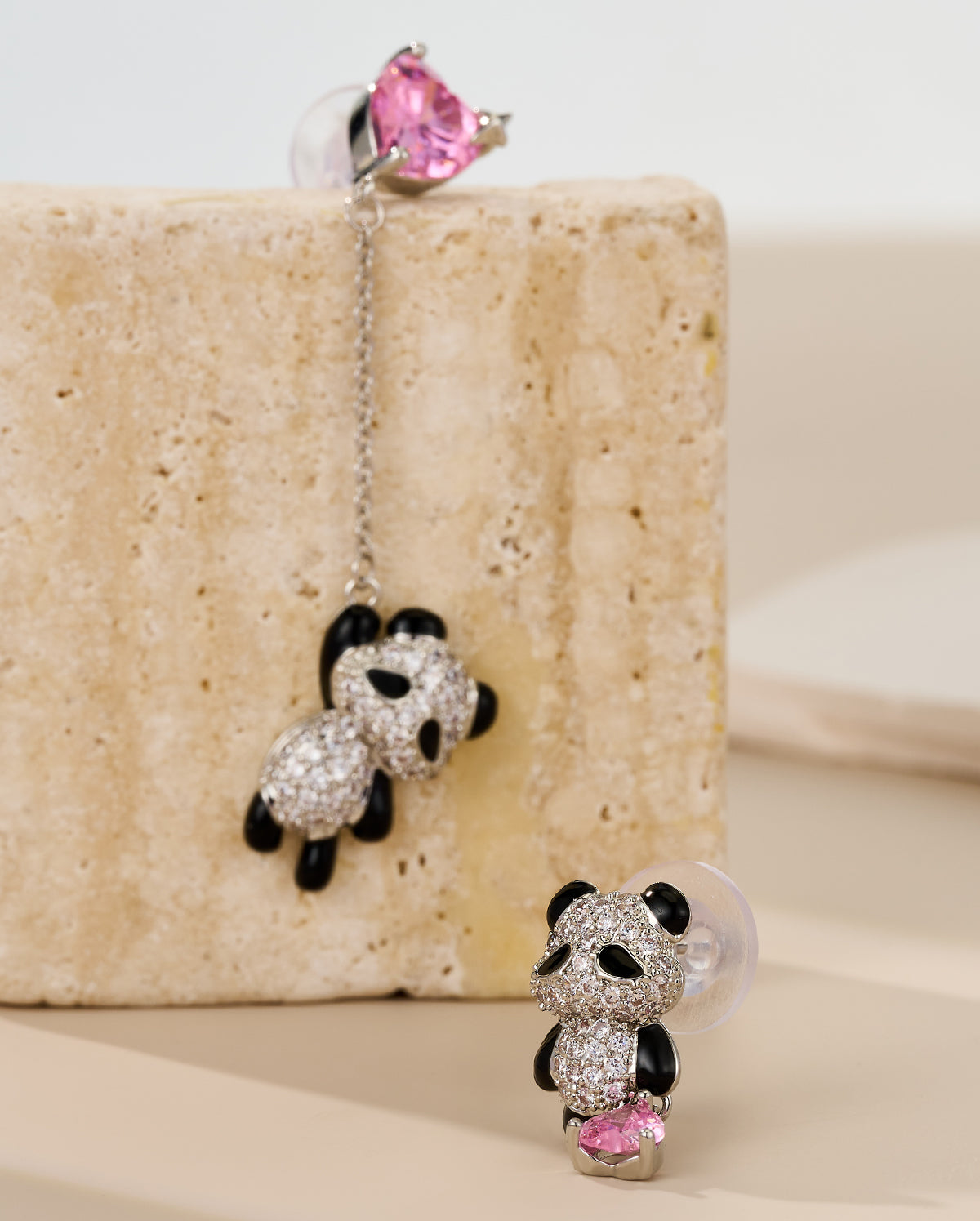 2PCS Asymmetrical Panda Heart CZ Dangle Earrings