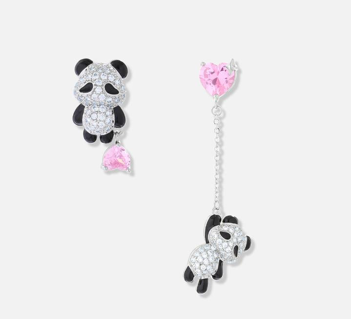 2PCS Asymmetrical Panda Heart CZ Dangle Earrings