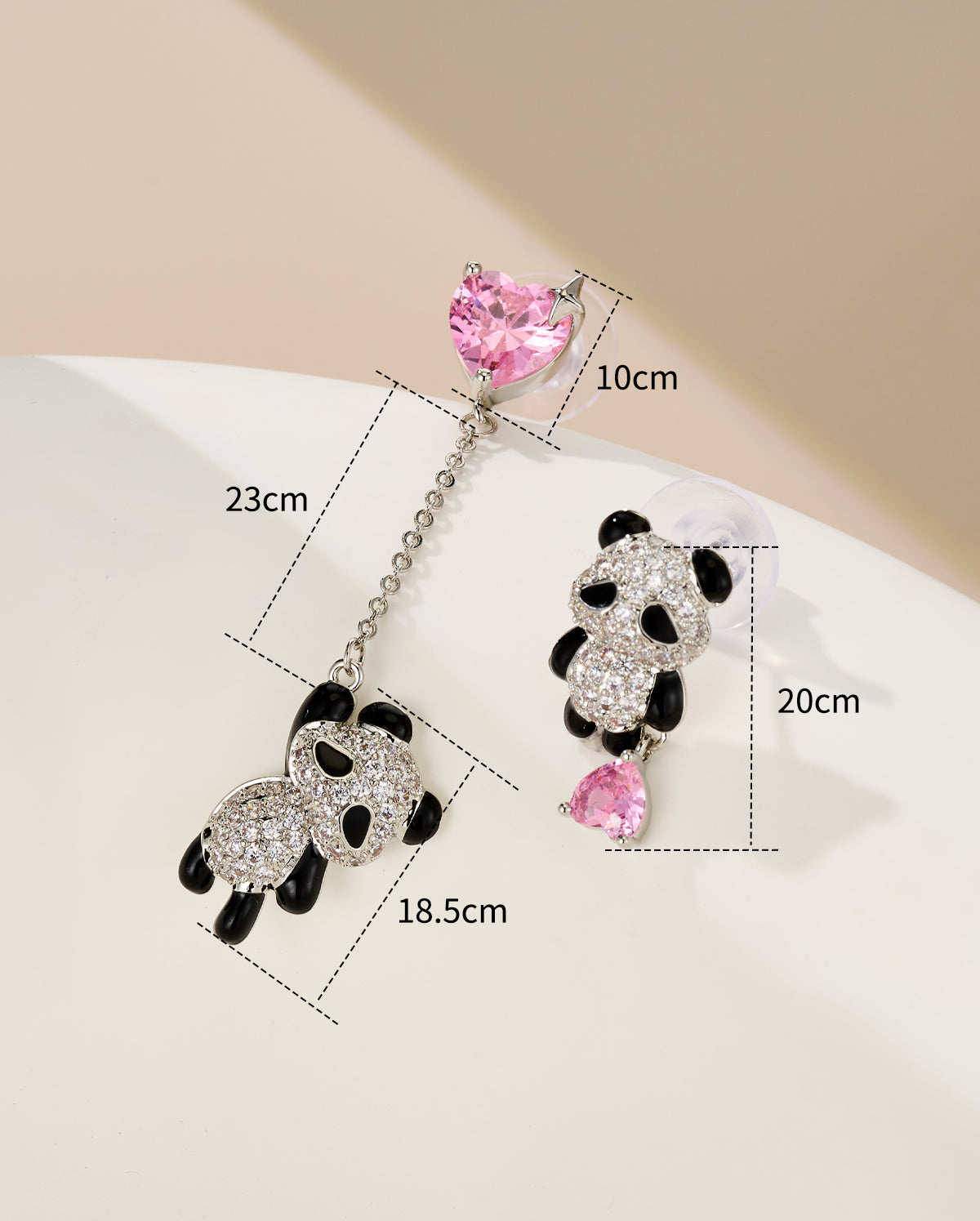 2PCS Asymmetrical Panda Heart CZ Dangle Earrings