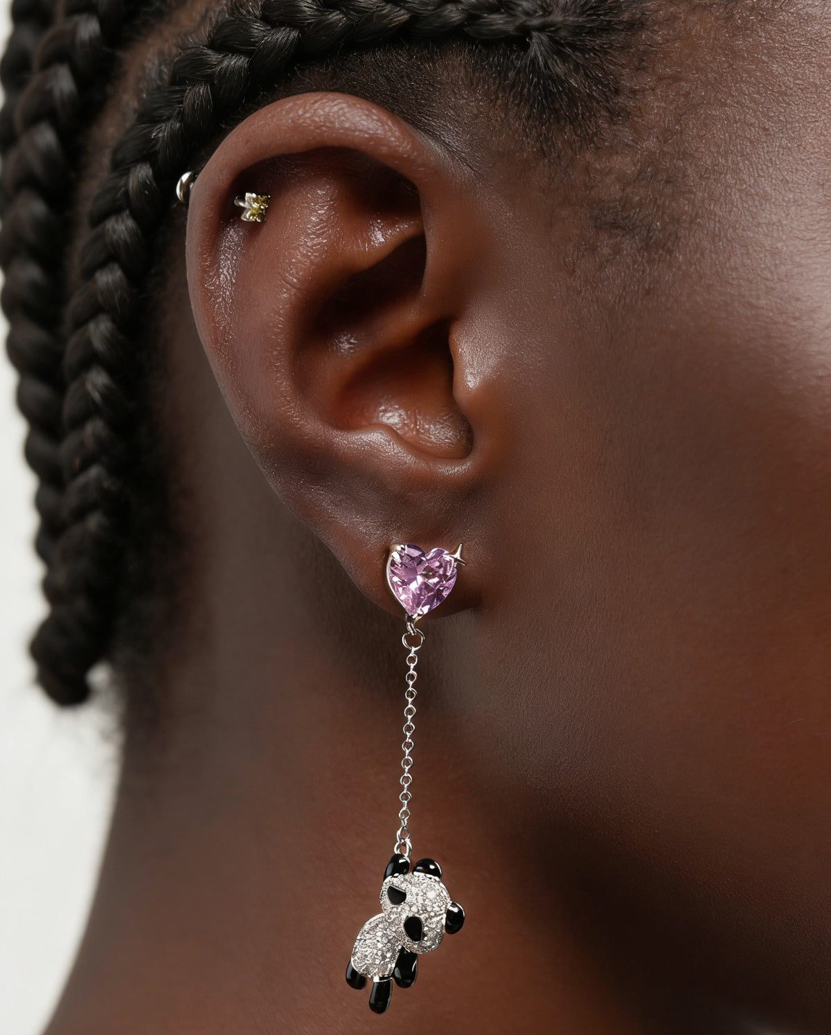 2PCS Asymmetrical Panda Heart CZ Dangle Earrings