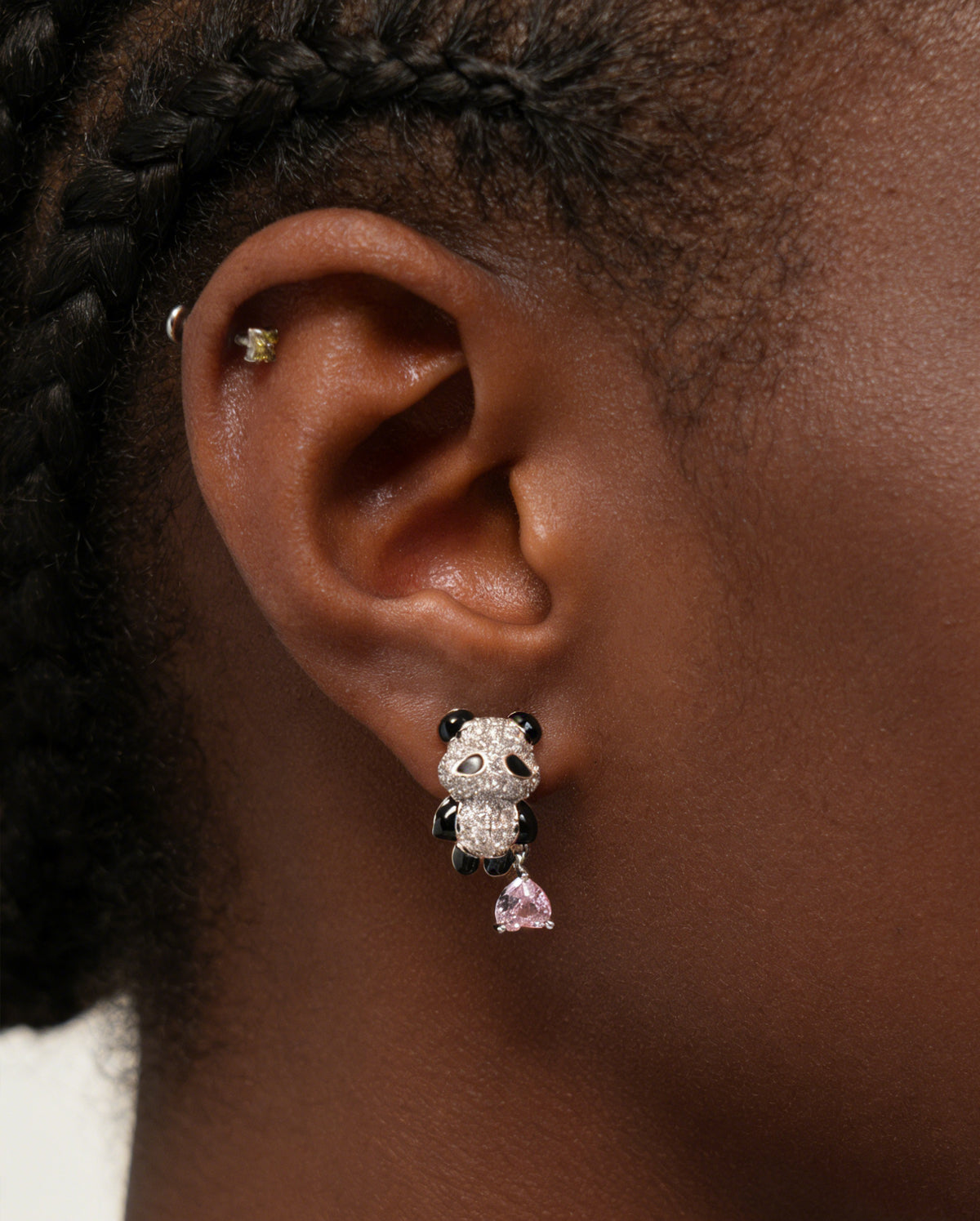 2PCS Asymmetrical Panda Heart CZ Dangle Earrings