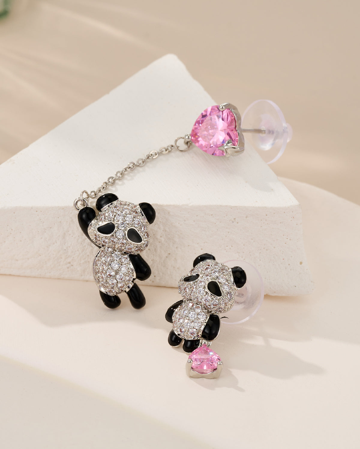 2PCS Asymmetrical Panda Heart CZ Dangle Earrings