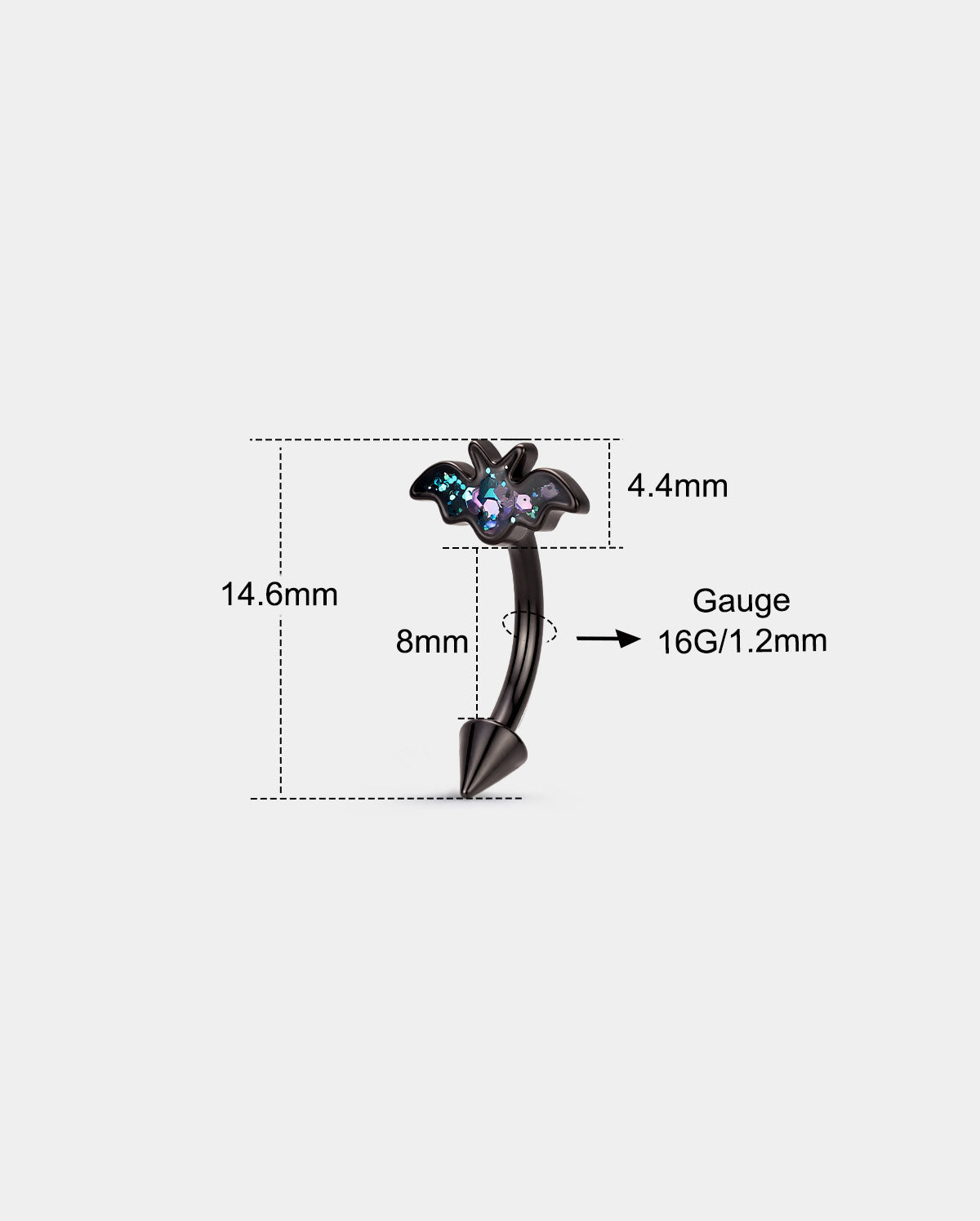 Glitter Bat Internally Threaded Curved Eyebrow Ring