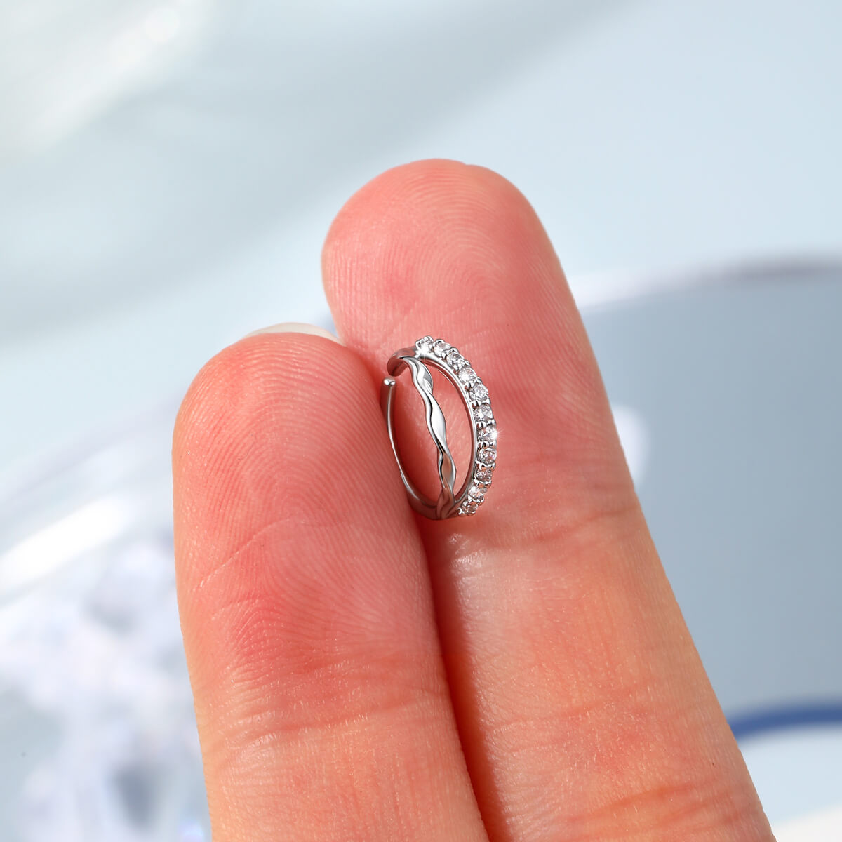 Half CZ Half Wave Double Hoop Nose Ring
