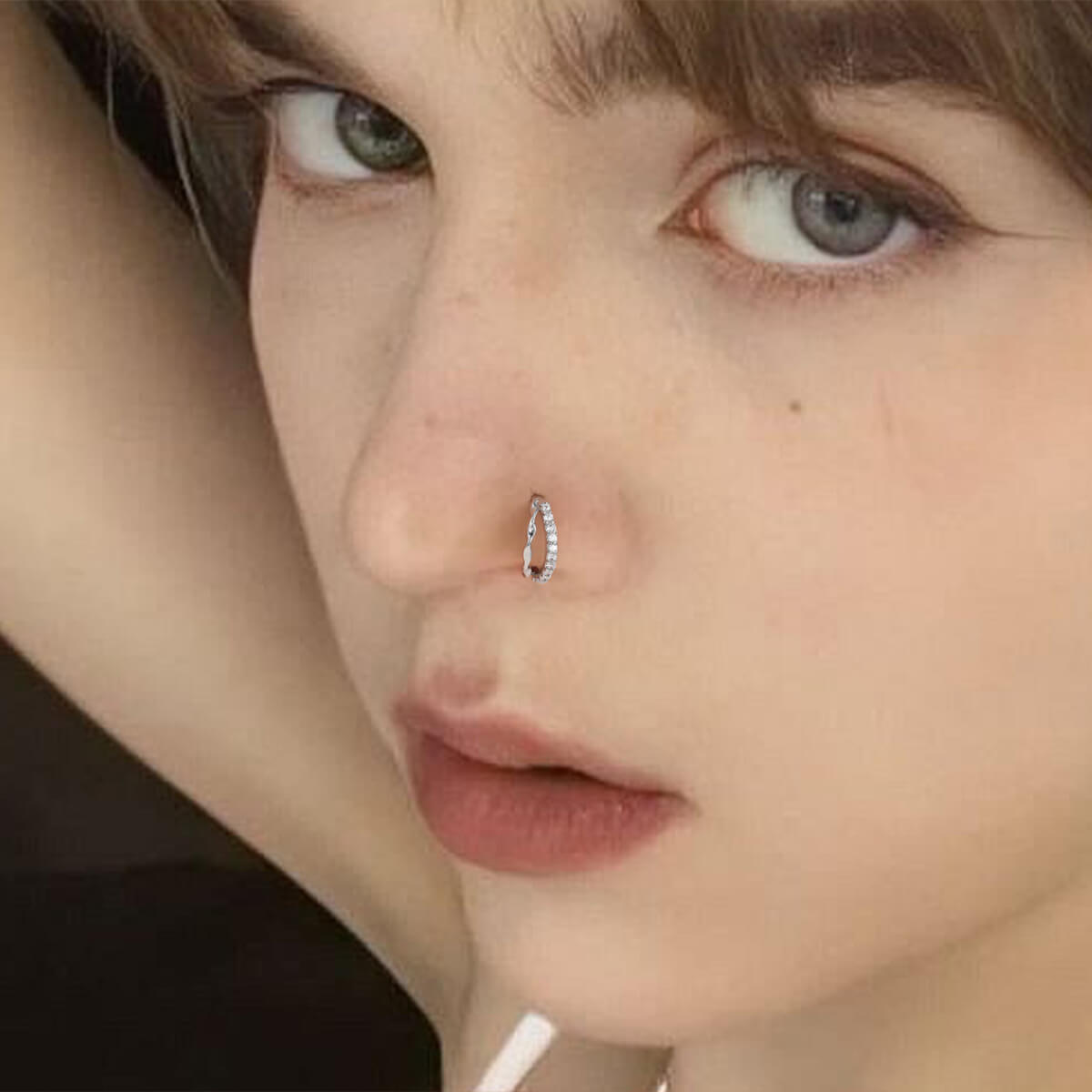 Half CZ Half Wave Double Hoop Nose Ring