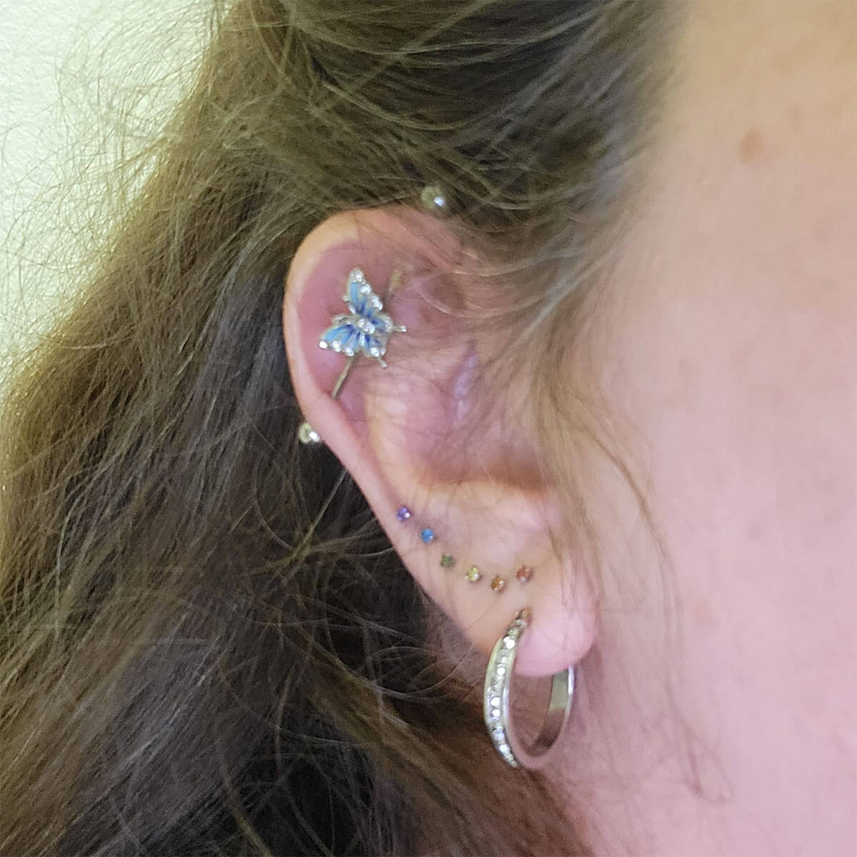 14G Blue Butterfly With CZ Gems Industrial Barbell
