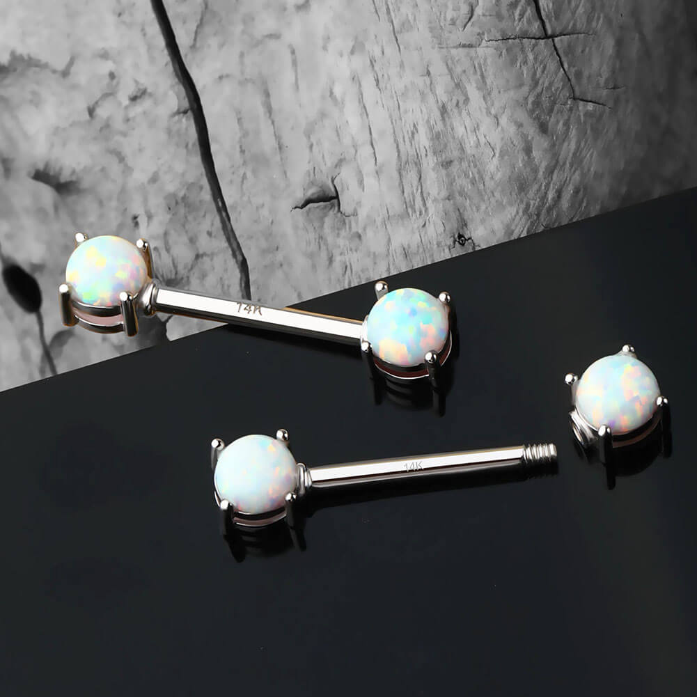 14K White Gold Nipple Ring 2PCS Set Opal Nipple Piercing Barbell