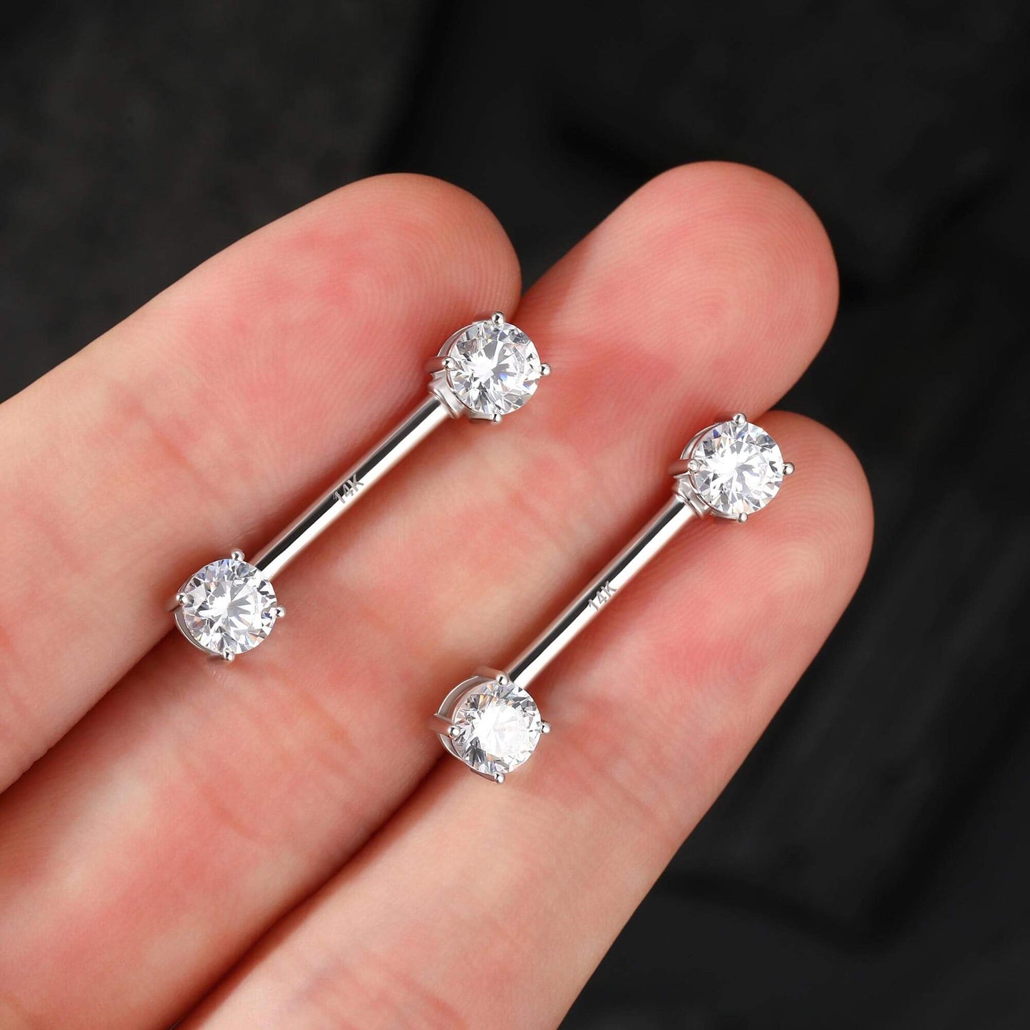 14K White Gold 14G Round CZ Nipple Barbell Rings