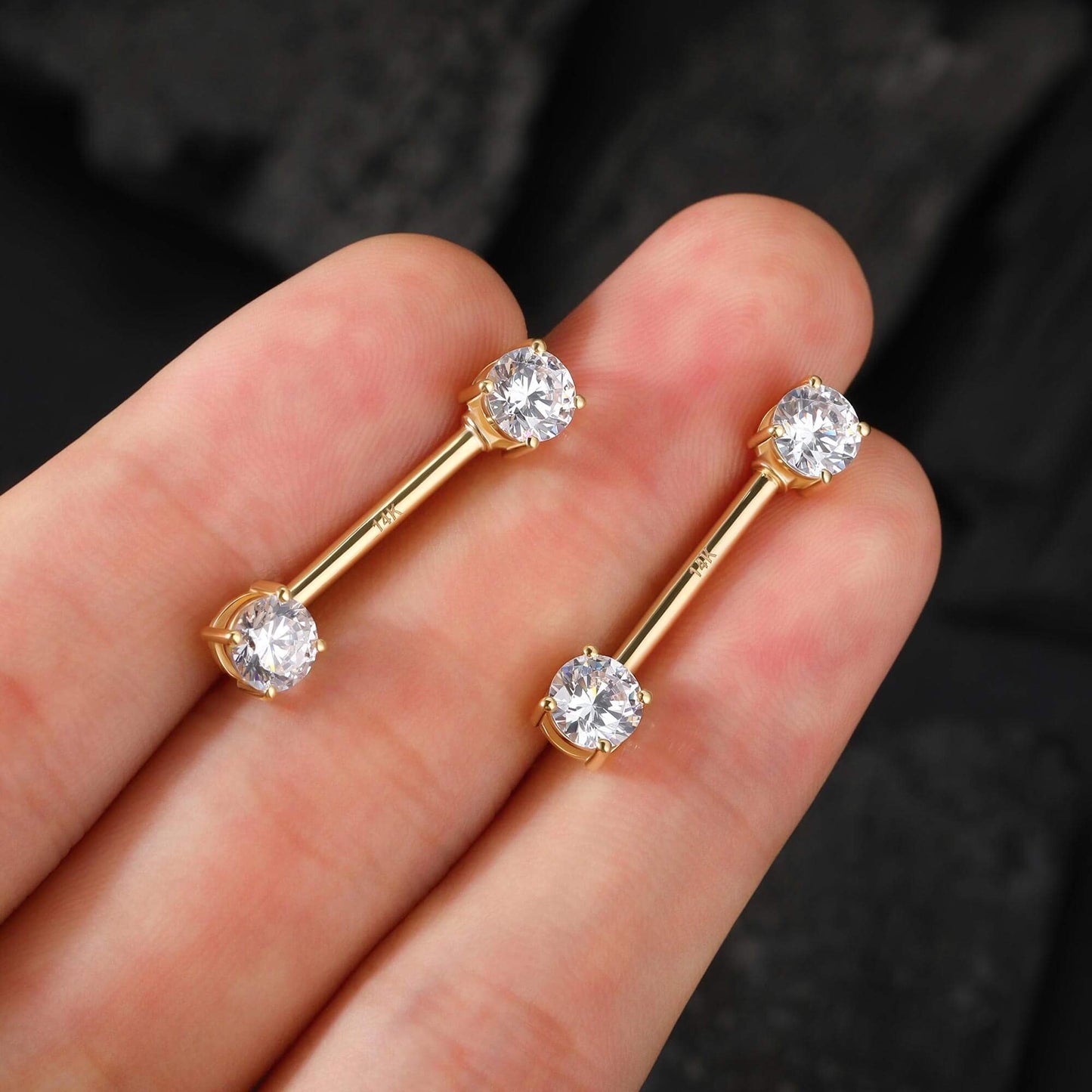 14K Gold 14G Round CZ Nipple Barbell Rings