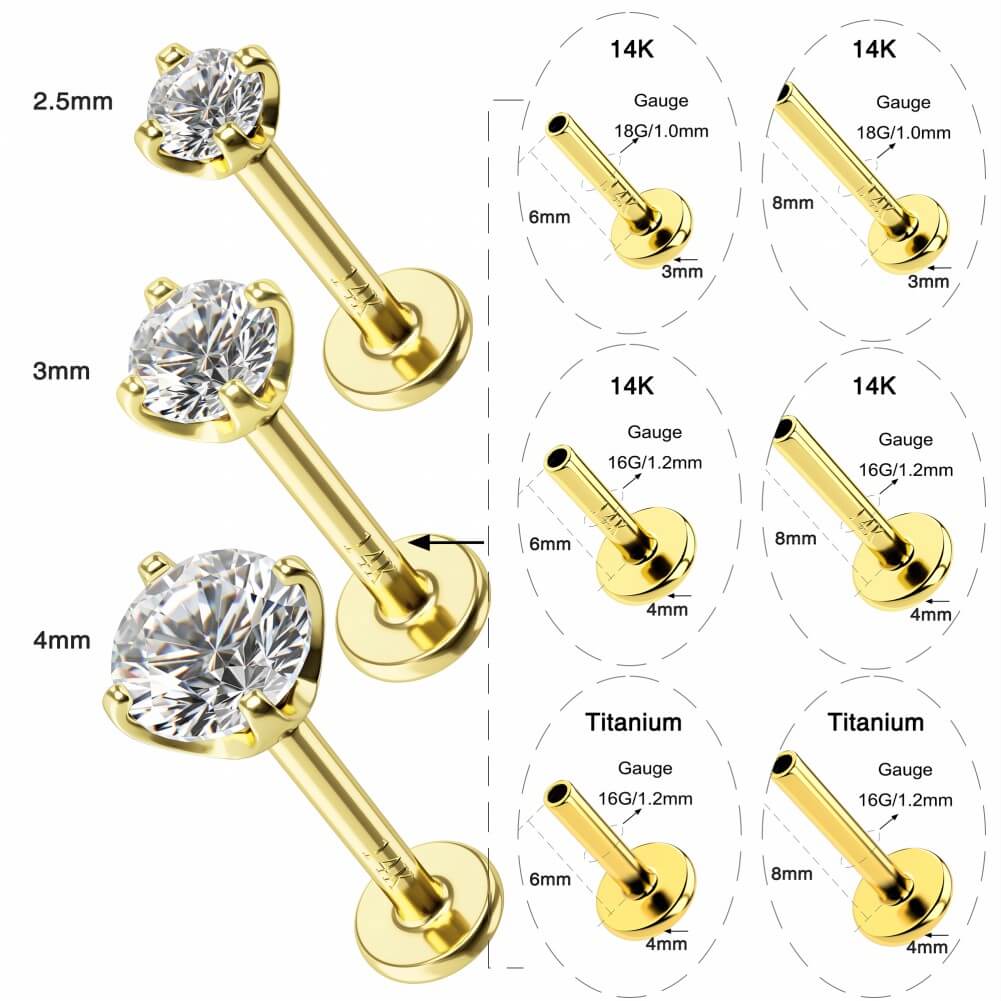 14K Solid Gold CZ Threadless Push Pin Conch Helix Labret Nose Stud