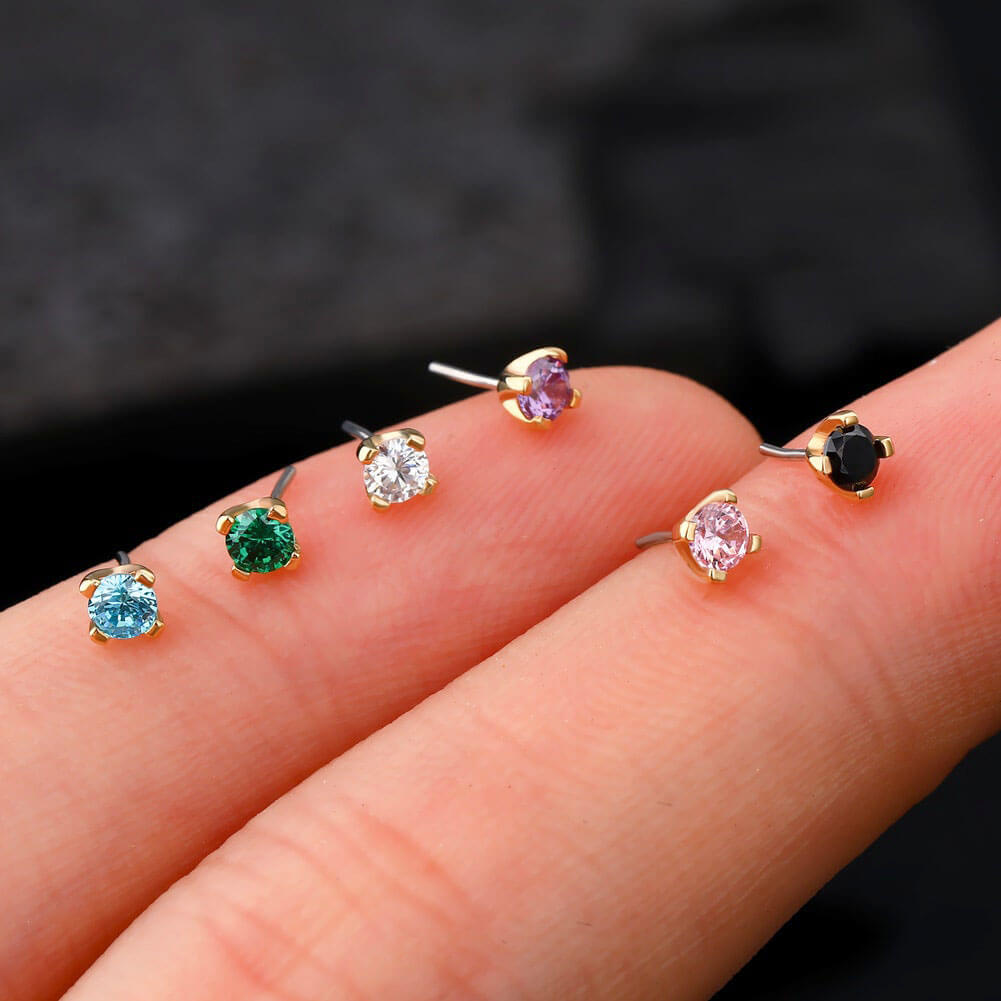 14K Solid Gold Colorful CZ Threadless Push Pin Conch Helix Labret Nose Stud