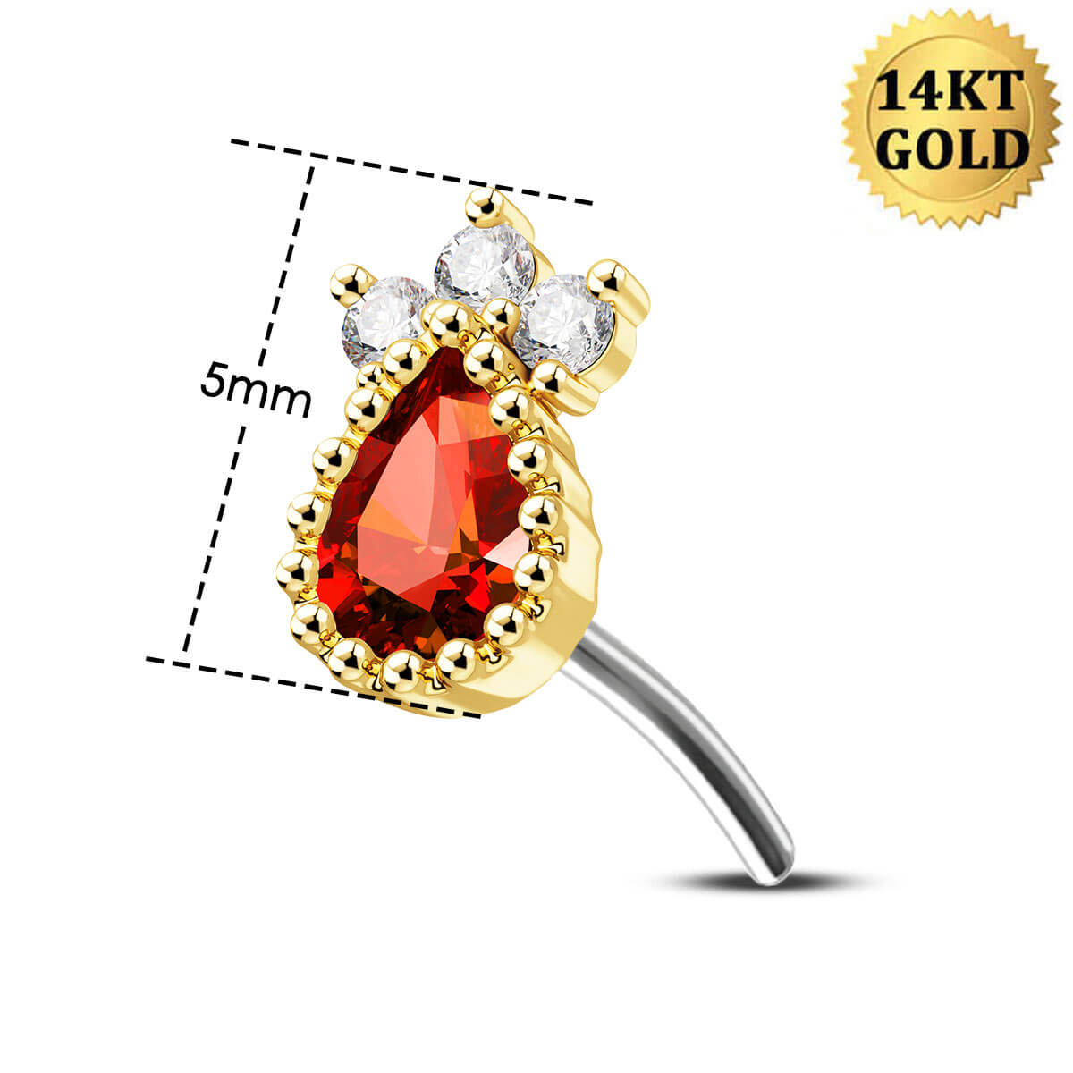 14K Gold Red Marquise CZ Threadless Nose Stud