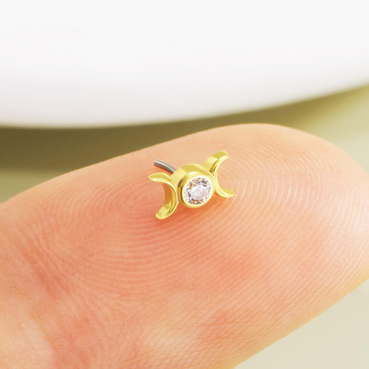 14K Solid Gold Moon Phase Clear CZ Top Flat Back Nose Stud