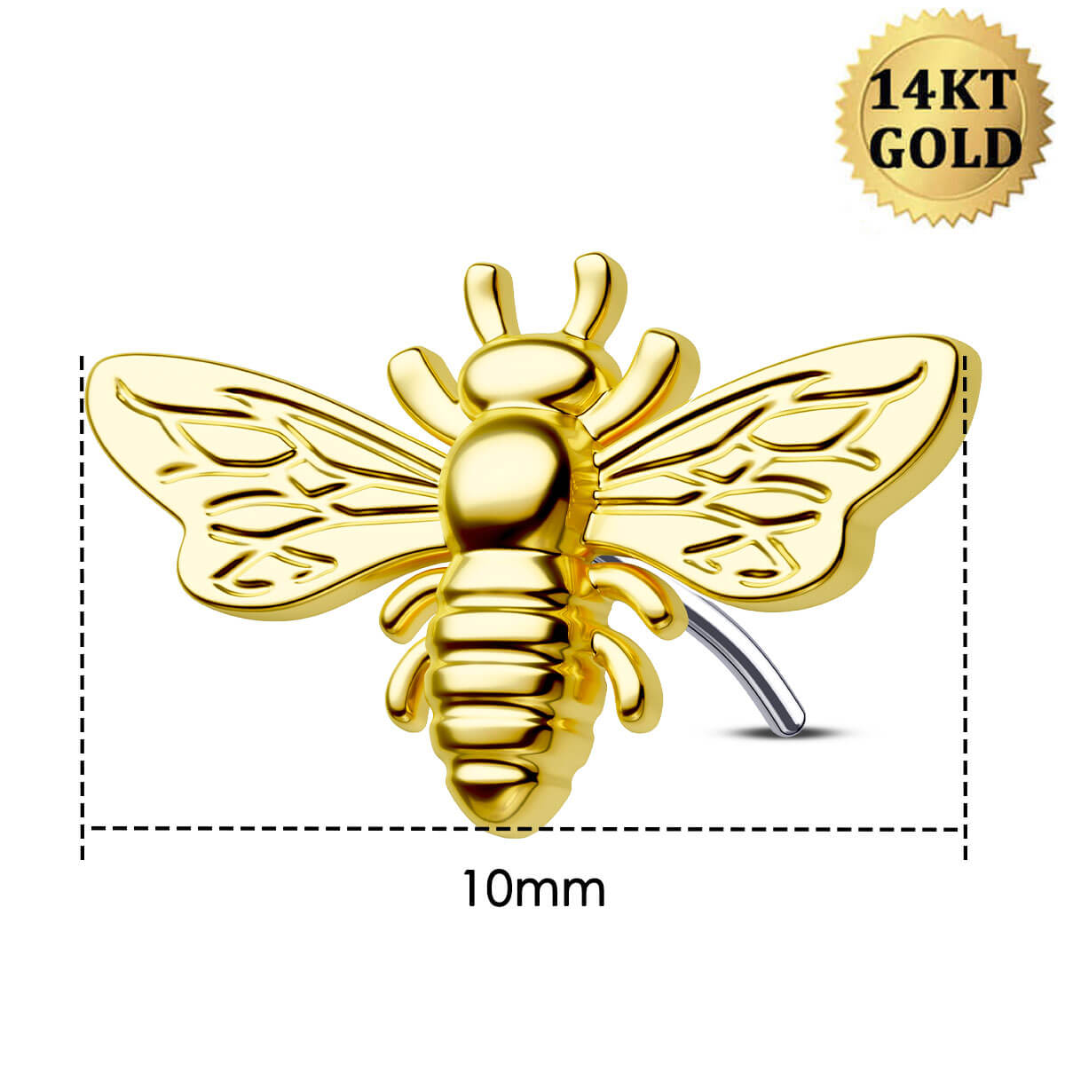 14K Solid Gold Flying Bee Push Pin Labret Nose Stud