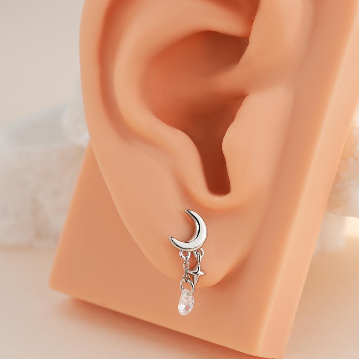 Moon & Star CZ Dangle Cartilage Stud