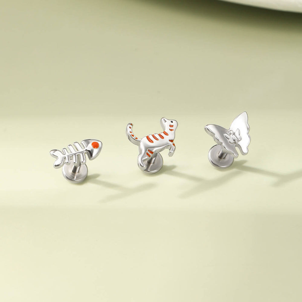 OUFER 3PCS Cat/Fish Spine/Butterfly Cartilage Labret Studs Set