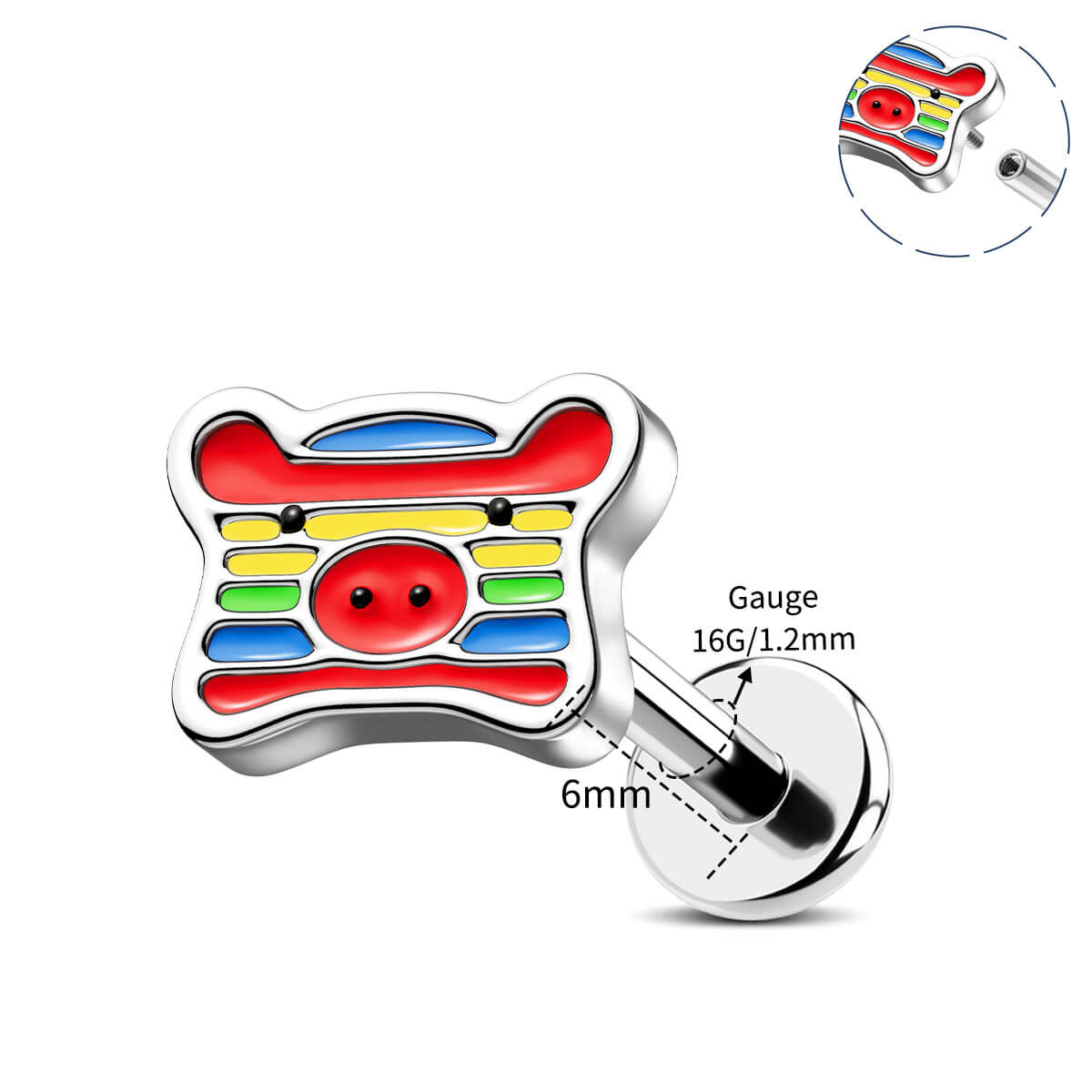 internaly threaded rainbow pig cartilage stud 