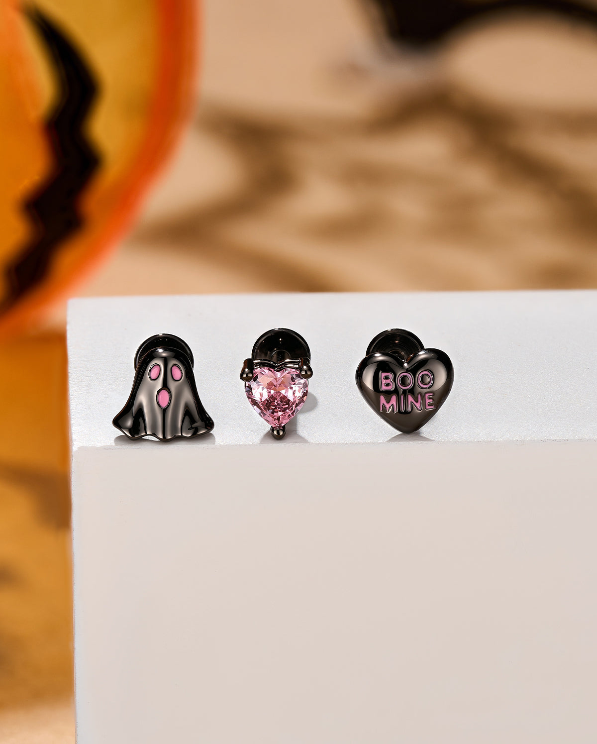 3PCS Pink Ghost Heart Helix Stud Set