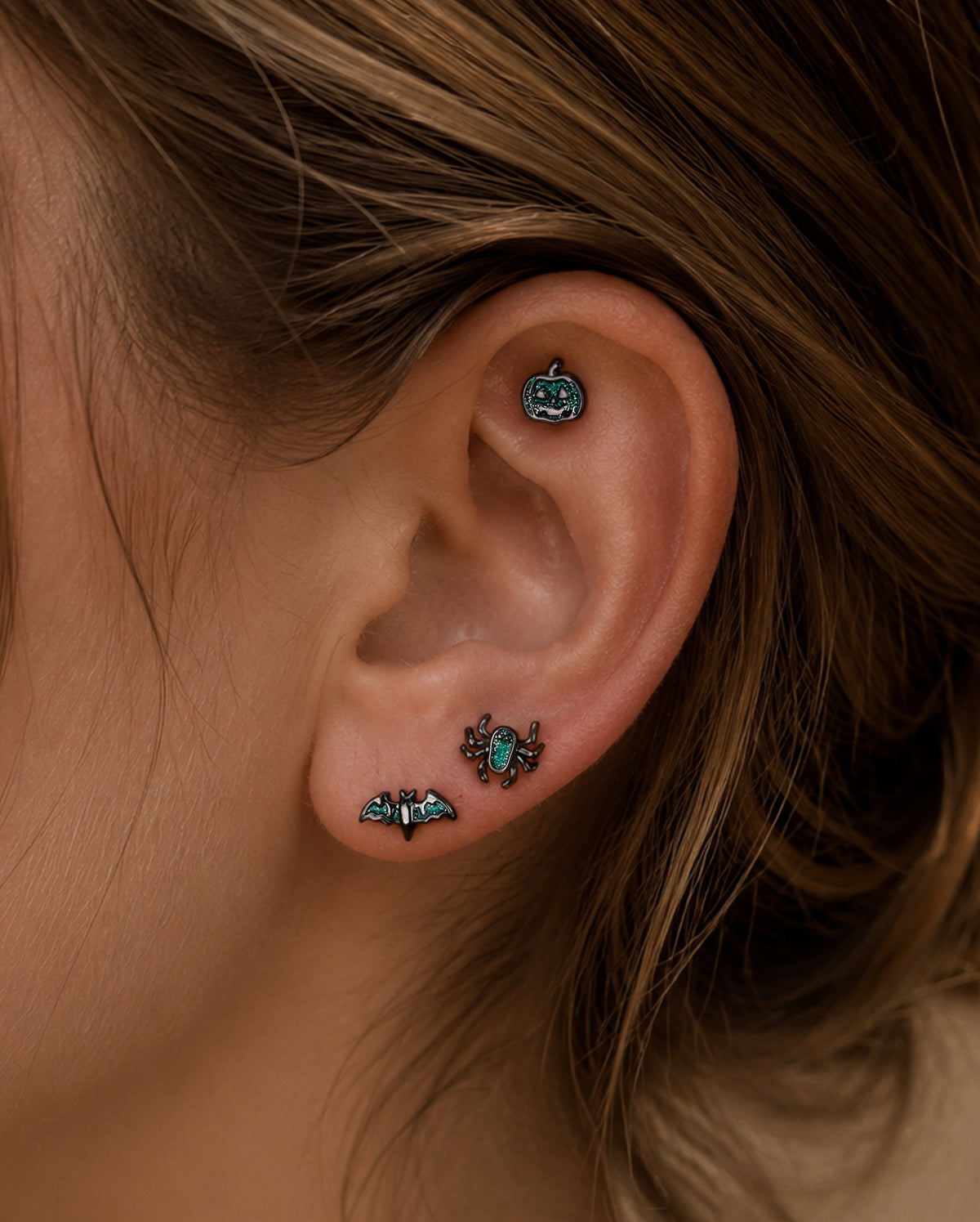 3PCS Green Glitter Spider Bat Pumpkin Cartilage Stud Set