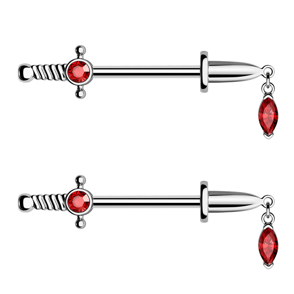 2PCS 14G Sword With Red Gems Nipple Barbell Rings