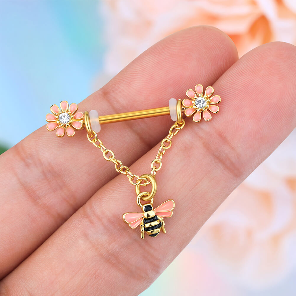 flower and bee nipple rings