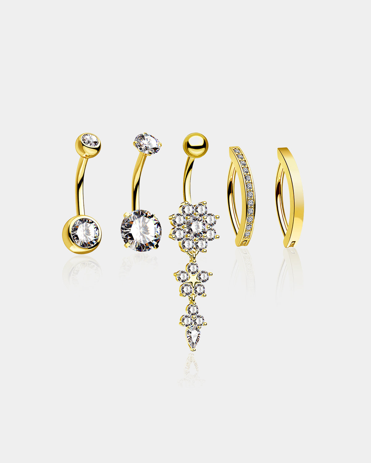 gold flower dangle and clicker belly ring set