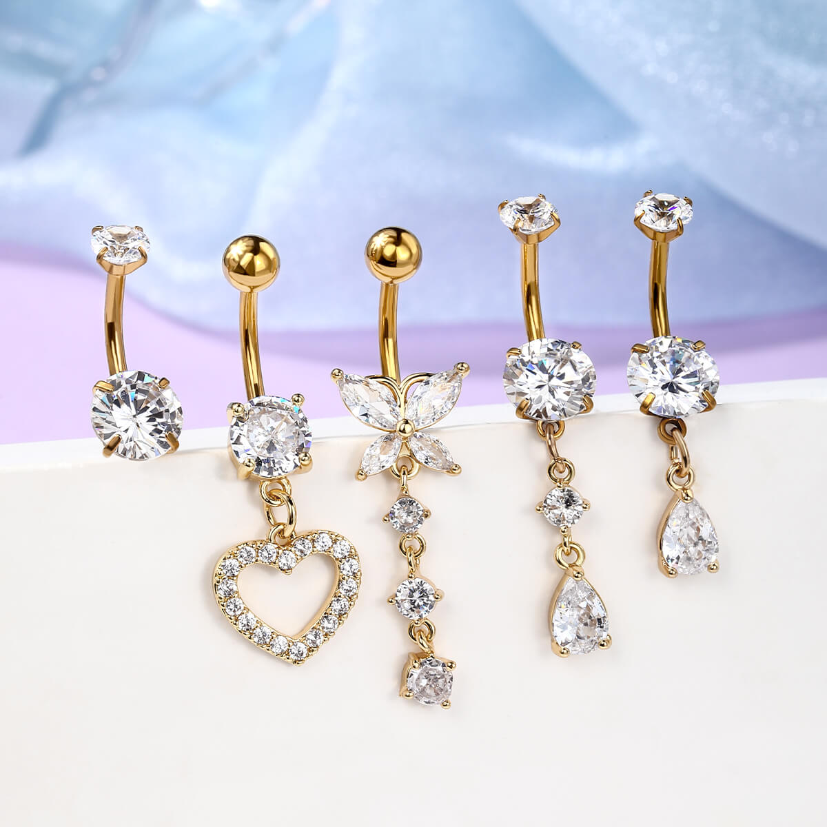 gold butterfly and heart belly ring set