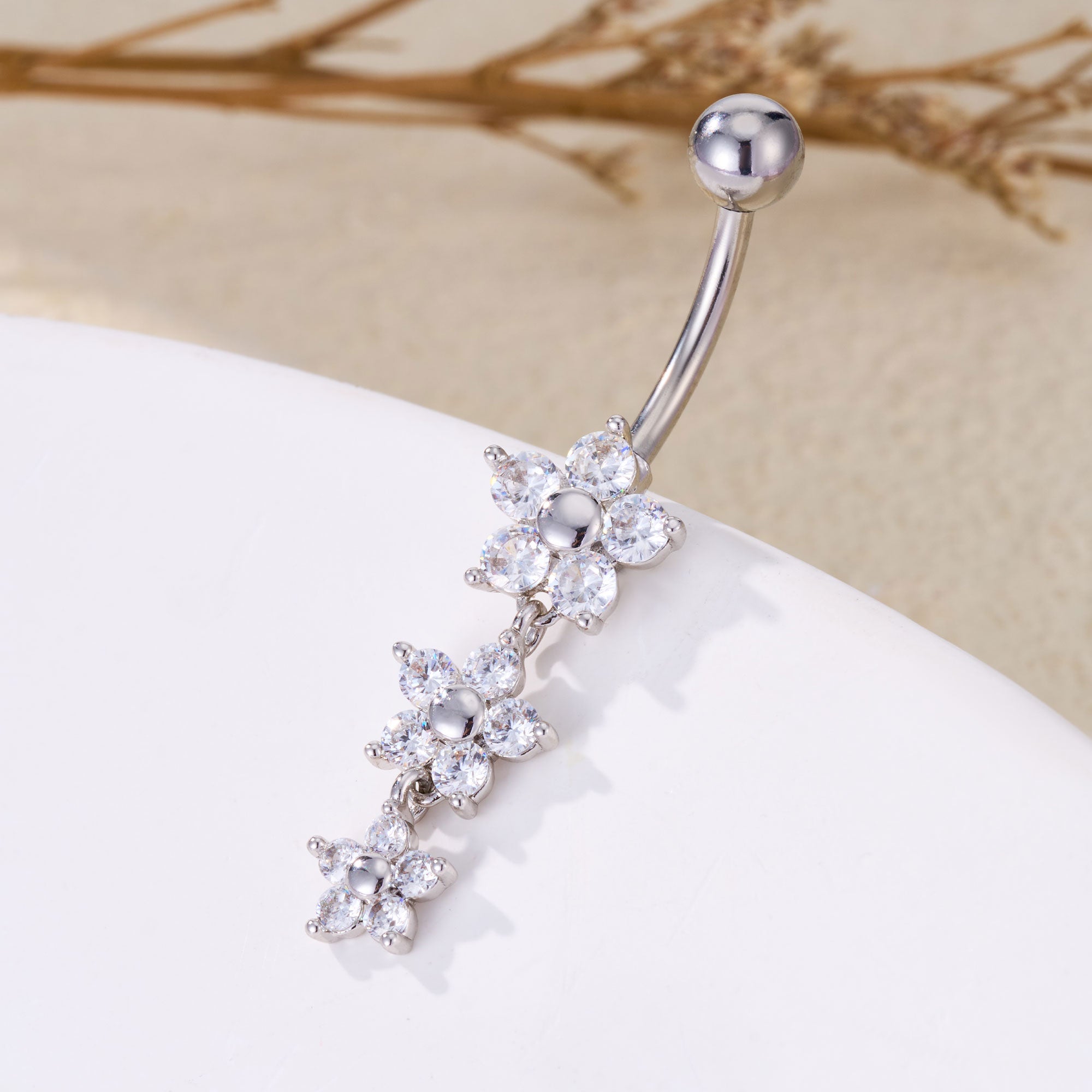 Triple Floral CZ Dangle Belly Ring