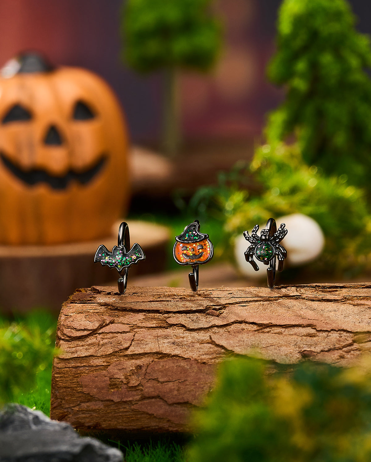 3PCS Bat Pumpkin Spider Glitter Seamless Nostril Hoop Set