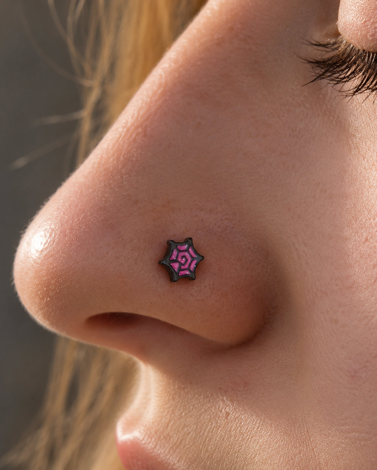 Pink Glitter Spider Web Pumpkin Bat L-Shaped Nose Stud Set