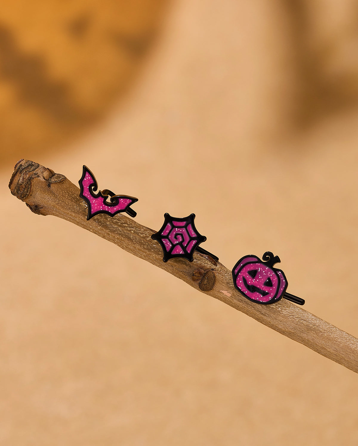 Pink Glitter Spider Web Pumpkin Bat L-Shaped Nose Stud Set