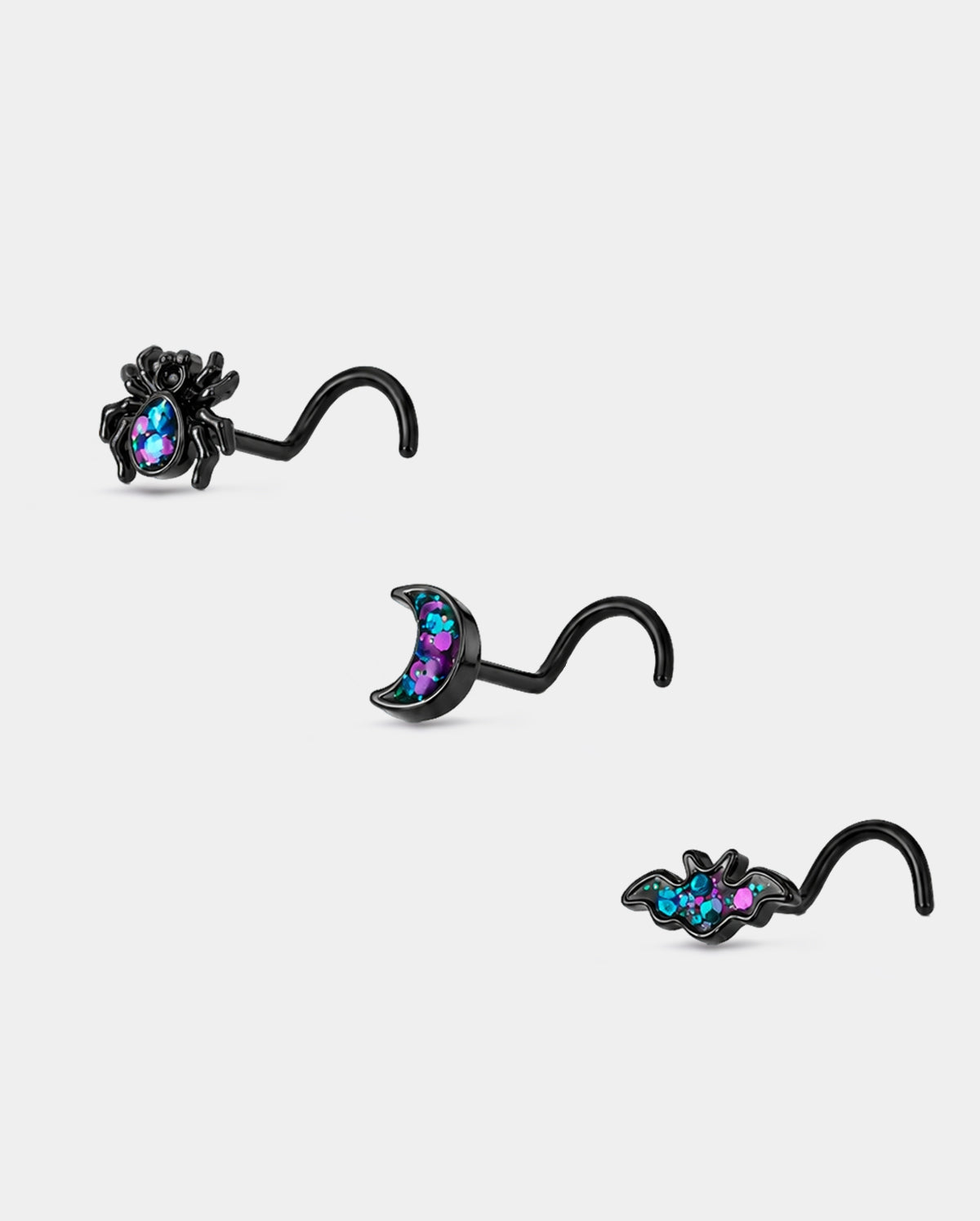 oufer 3PCS Glitter Bat Moon Spider Screw Nose Stud Set