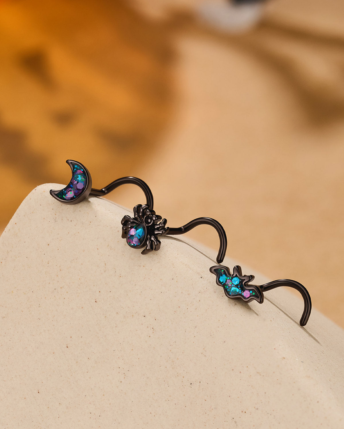 3PCS Glitter Bat Moon Spider Screw Nose Stud Set