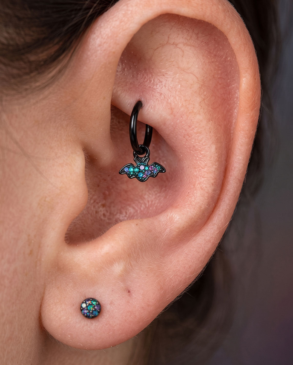 Black Glitter Bat Dangle Rook piercing