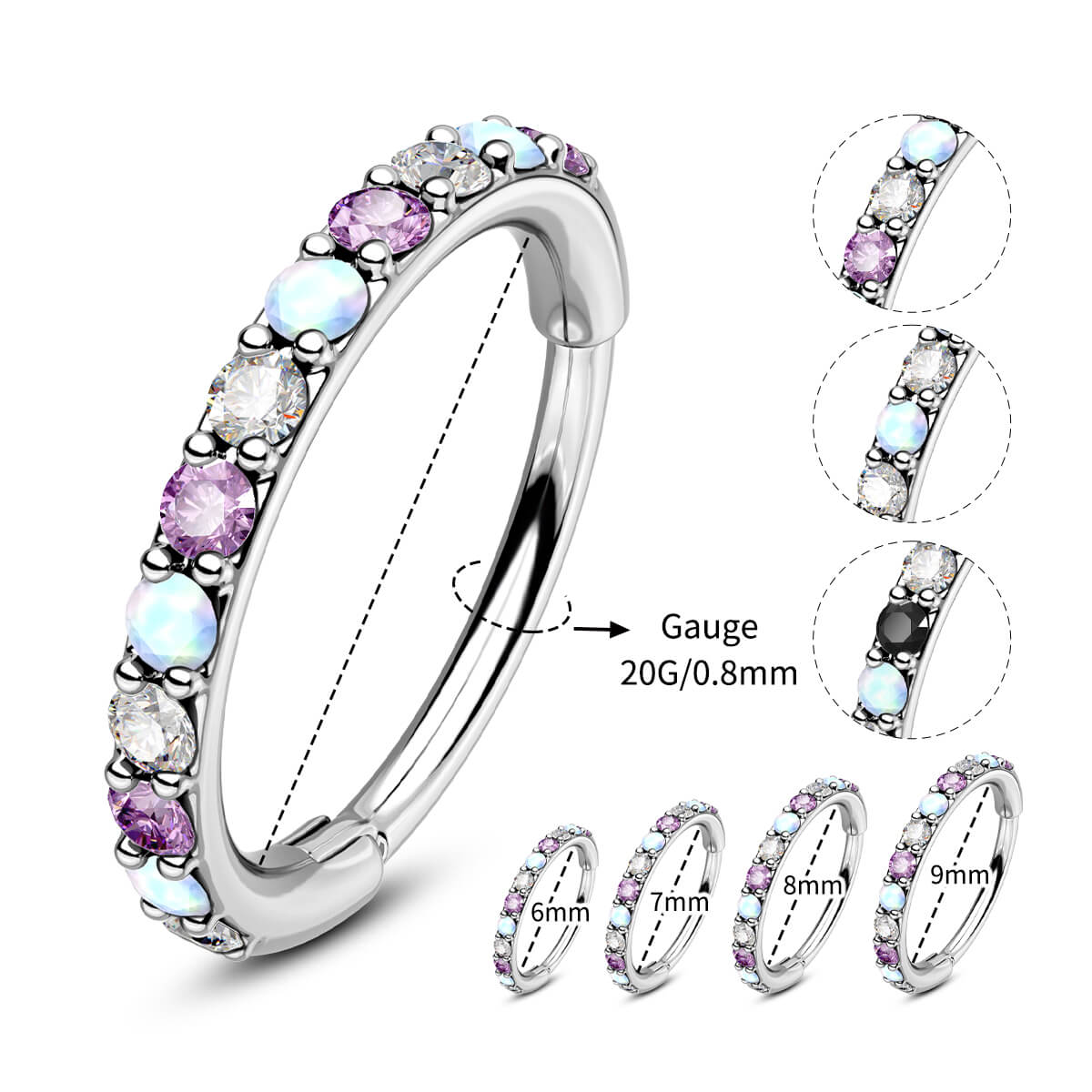 20G Alternating Opal and CZ Nose Hoop