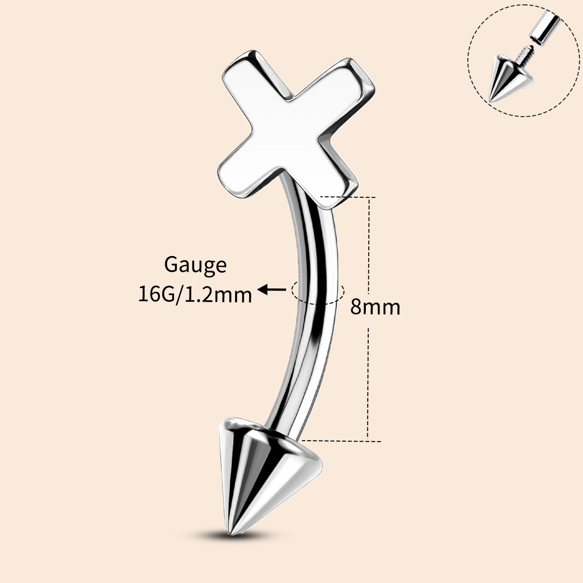 8mm cross eyebrow ring