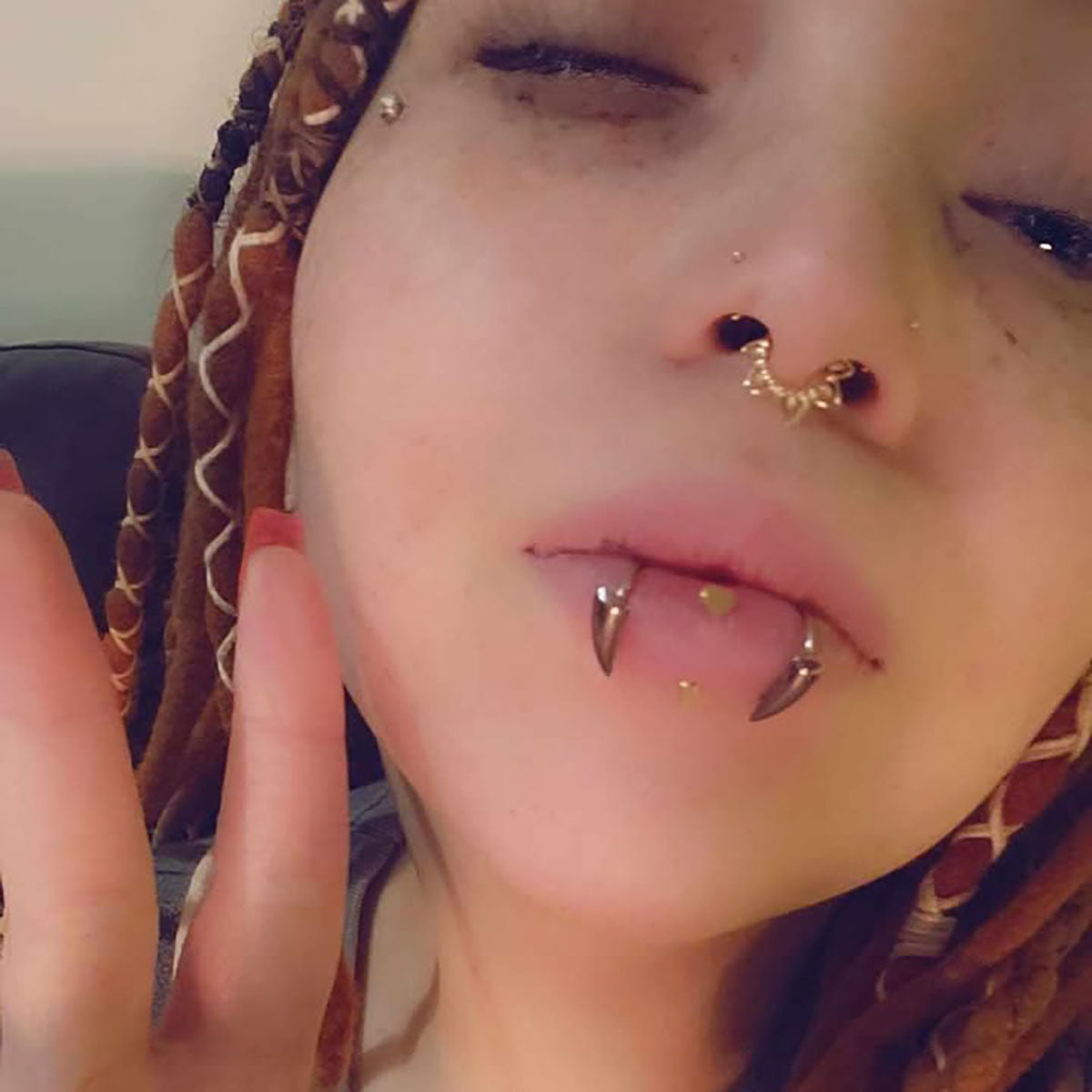 Vertical Double Side Labret Piercing Nostril And Vertical Labret