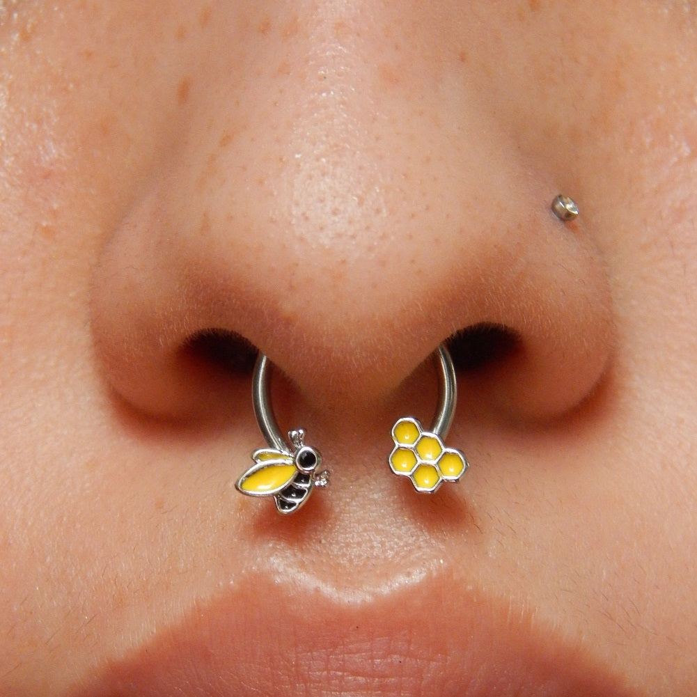 16G Bee & Honeycomb Horseshoe Septum Ring and Daith Earring