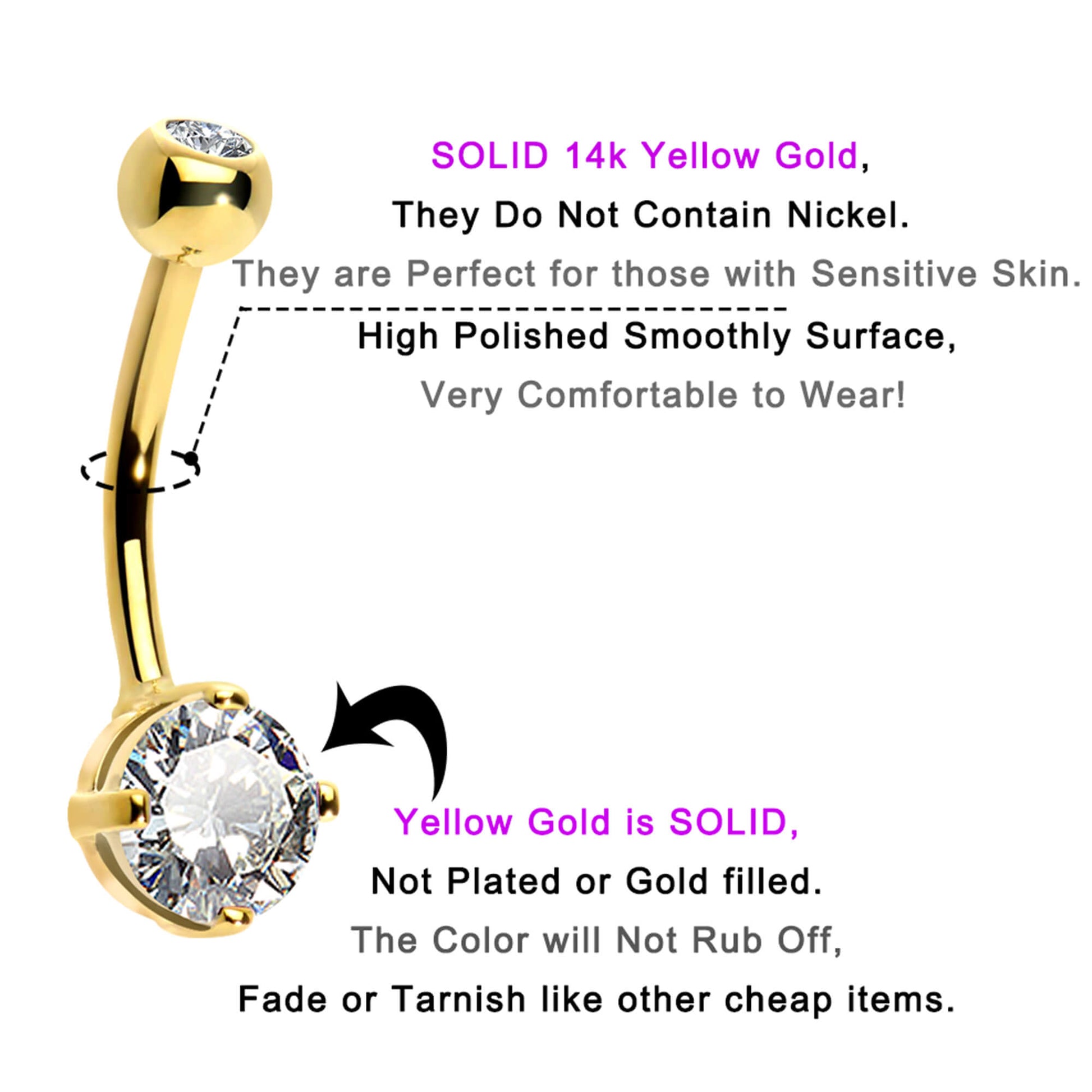14K Gold Belly Ring 14G Round CZ Diamond Belly Button Ring - OUFER BODY JEWELRY 
