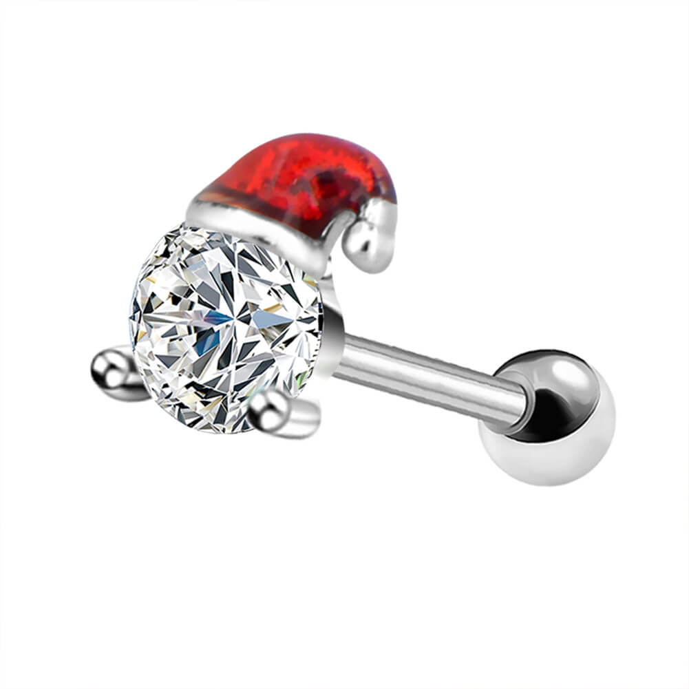 16G CZ Red Christmas Hat Helix and Tragus Cartilage Stud - OUFER BODY JEWELRY 