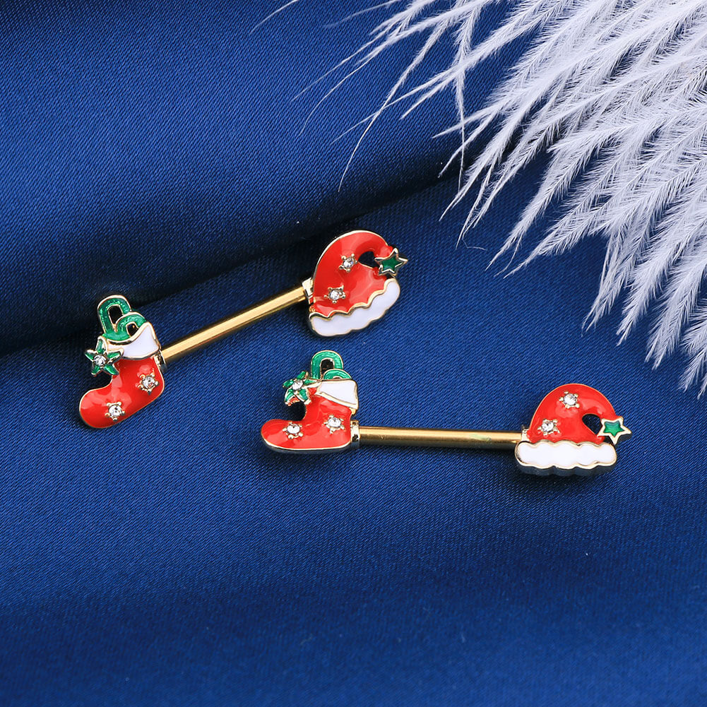 2Pcs 14G Stocking and Hat Christmas Gold Nipple Barbell - OUFER BODY JEWELRY 