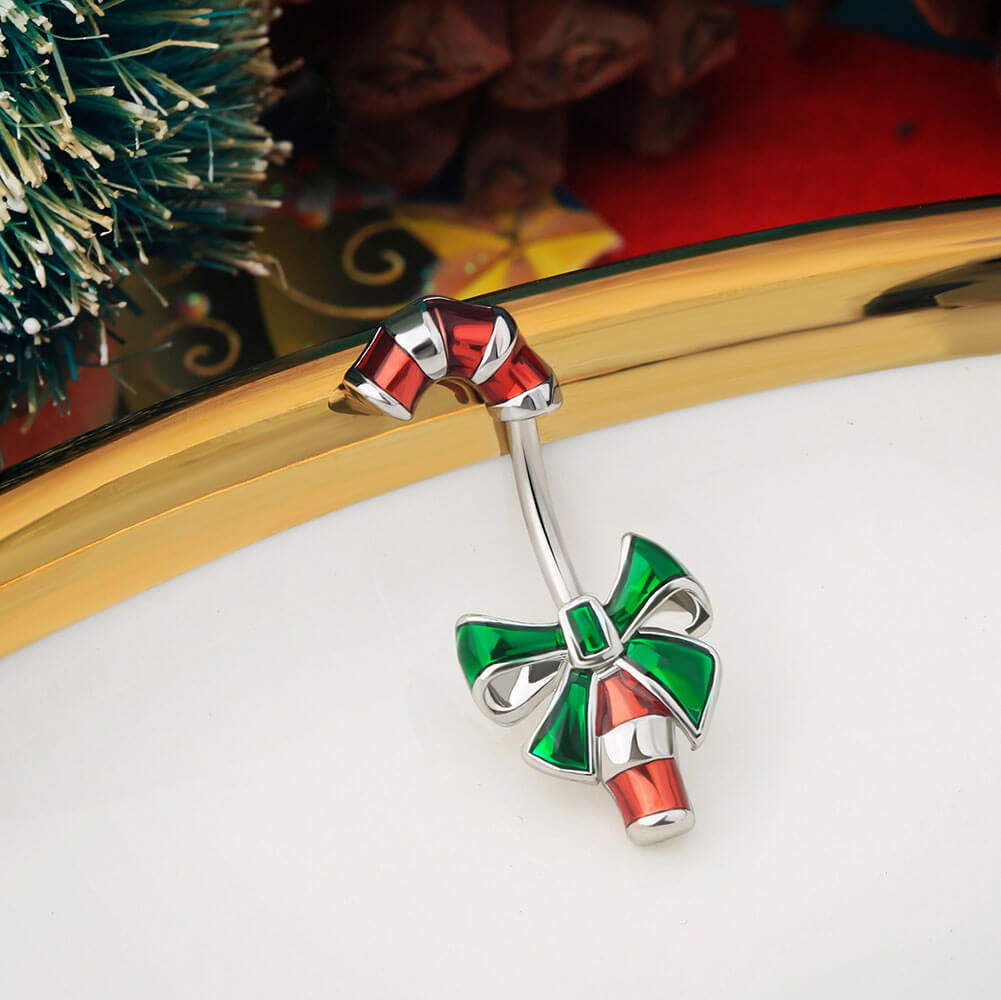 14G Bowknot Candy Cane Christmas Belly Button Rings