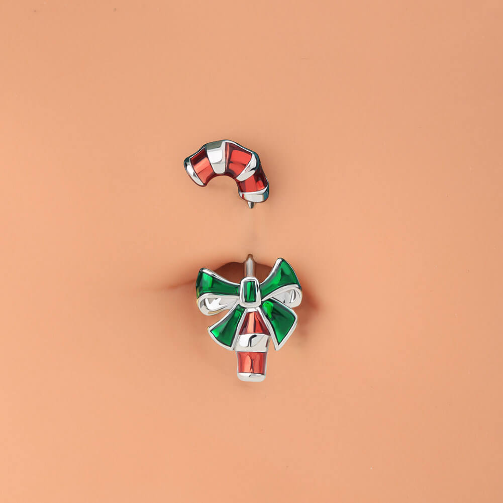 14G Bowknot Candy Cane Christmas Belly Button Rings